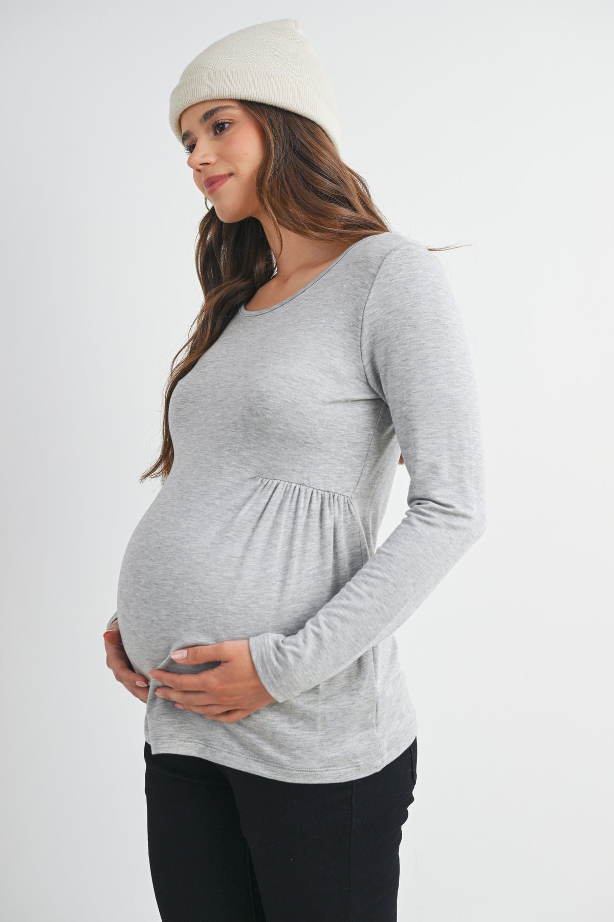 Heather Grey Scoop Neck Long Sleeve Ruched Maternity Top Side View