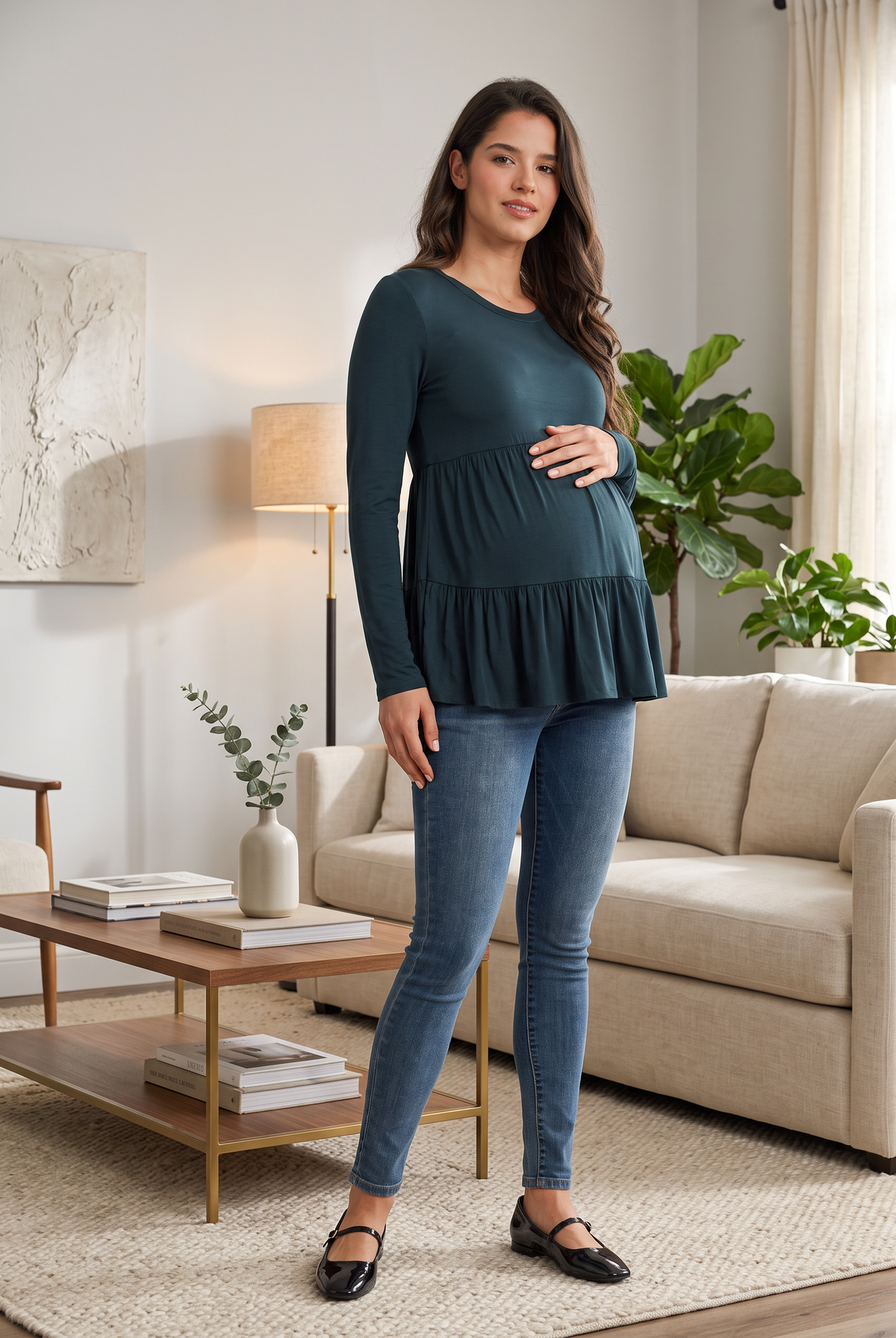 Green Tiered Long Sleeve Maternity Top Lifestyle View