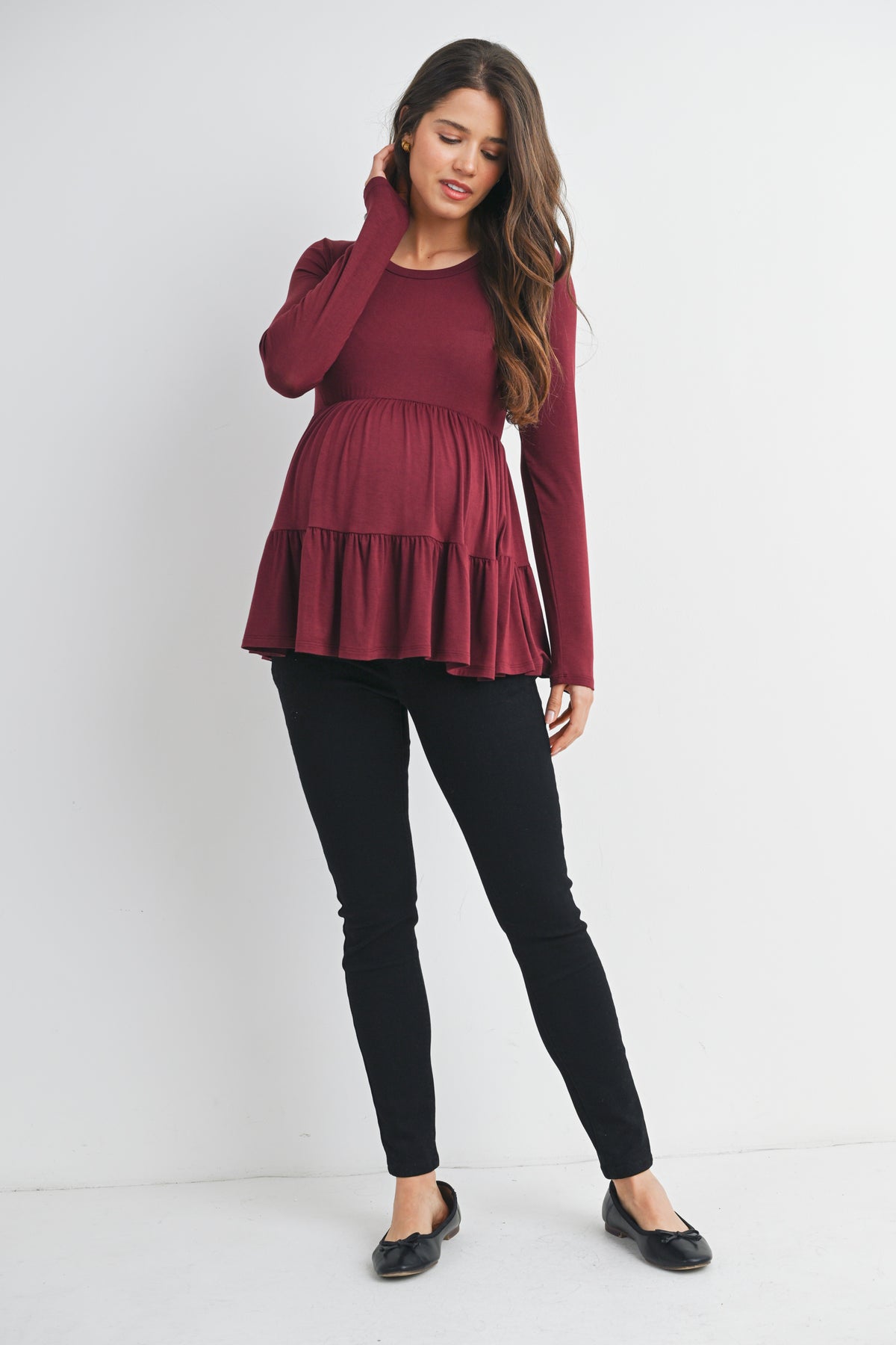 Burgundy Tiered Long Sleeve Maternity Top Full Body