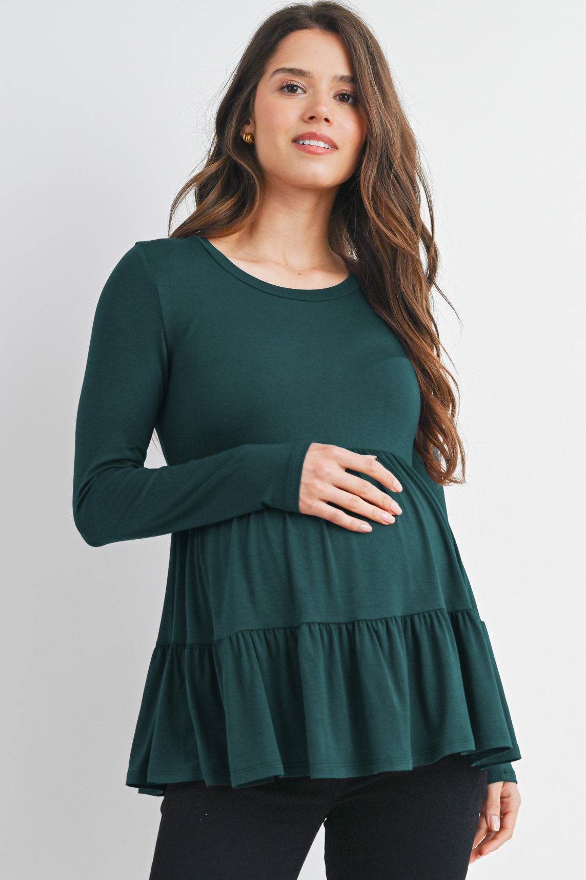 Green Tiered Long Sleeve Maternity Top Front View