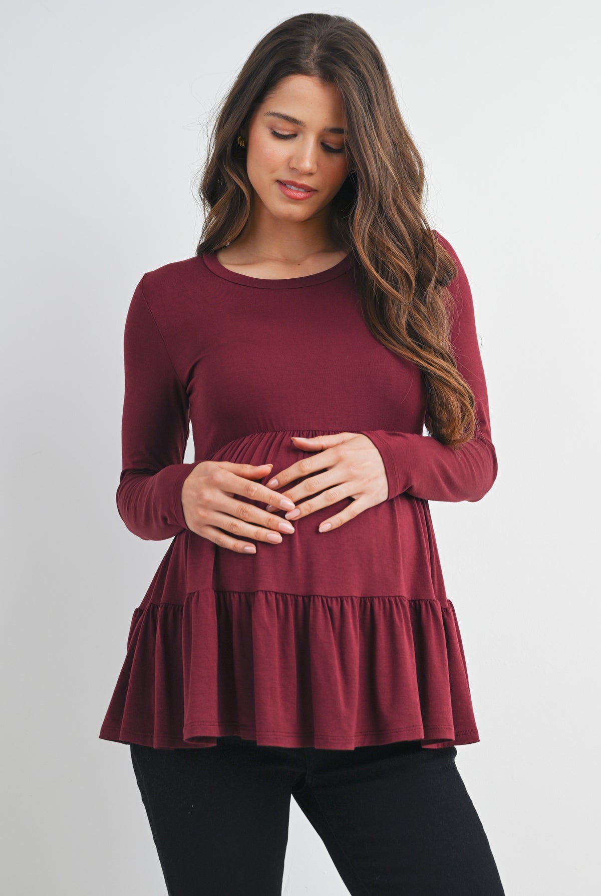 Burgundy Tiered Long Sleeve Maternity Top Front View