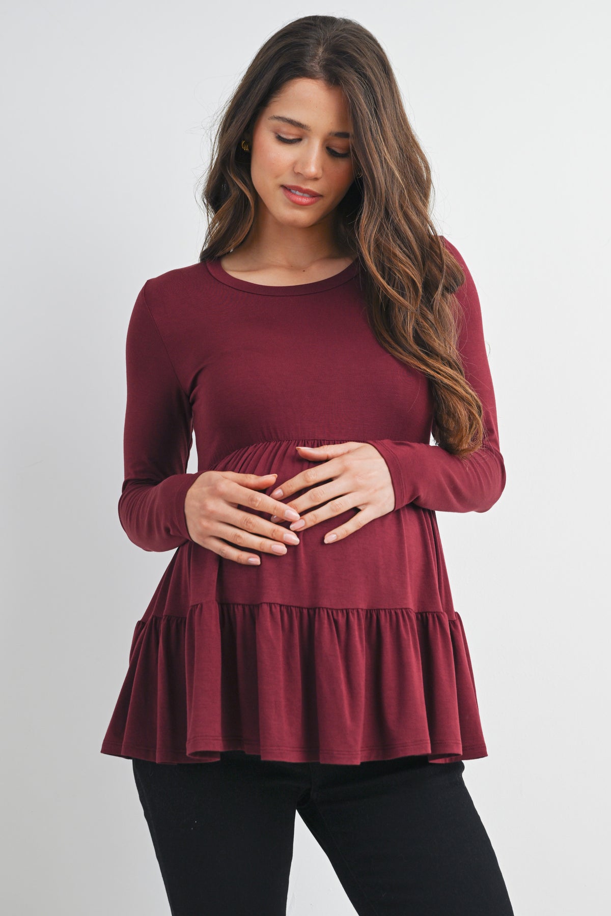 Burgundy Tiered Long Sleeve Maternity Top Front View