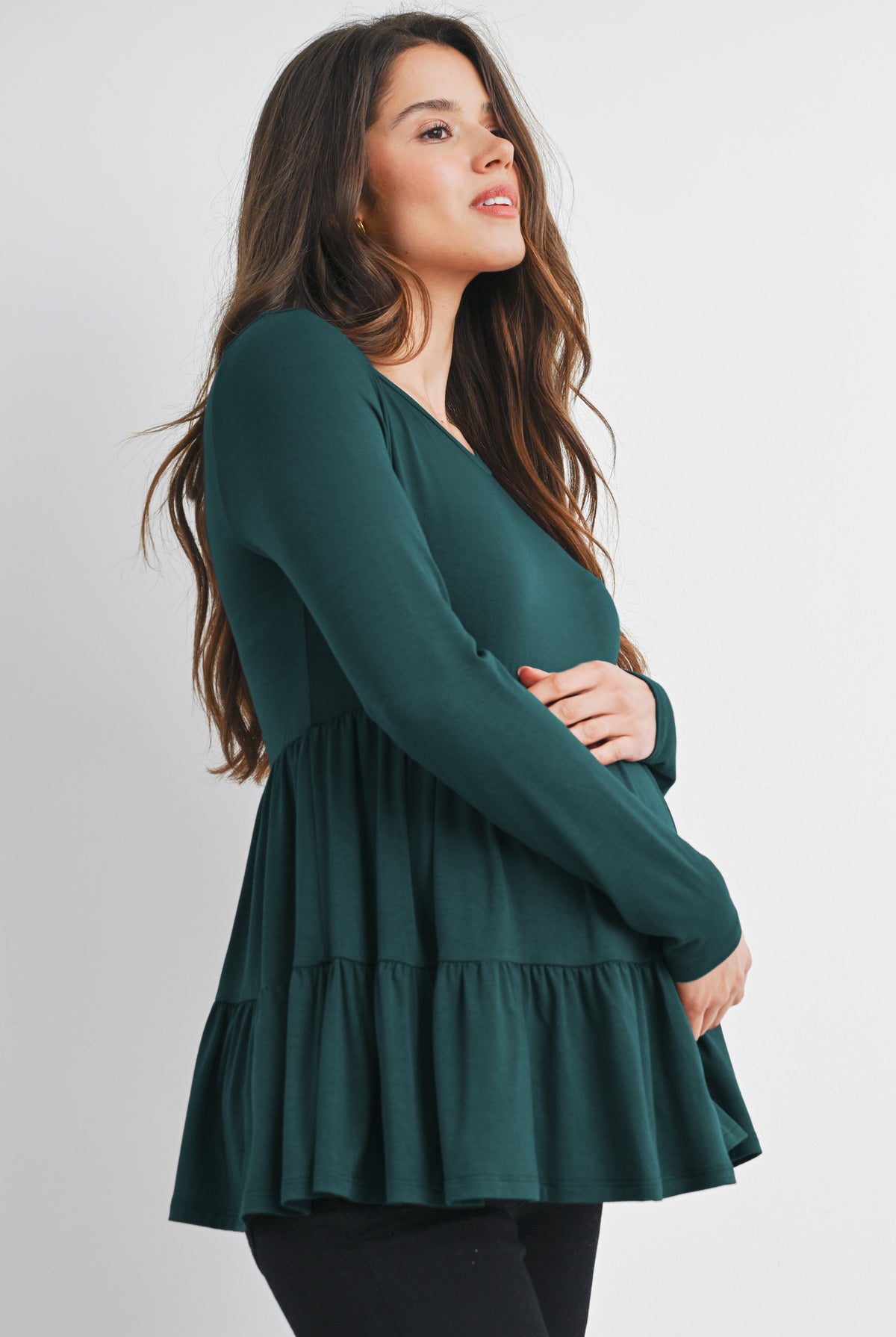 Green Tiered Long Sleeve Maternity Top Side View