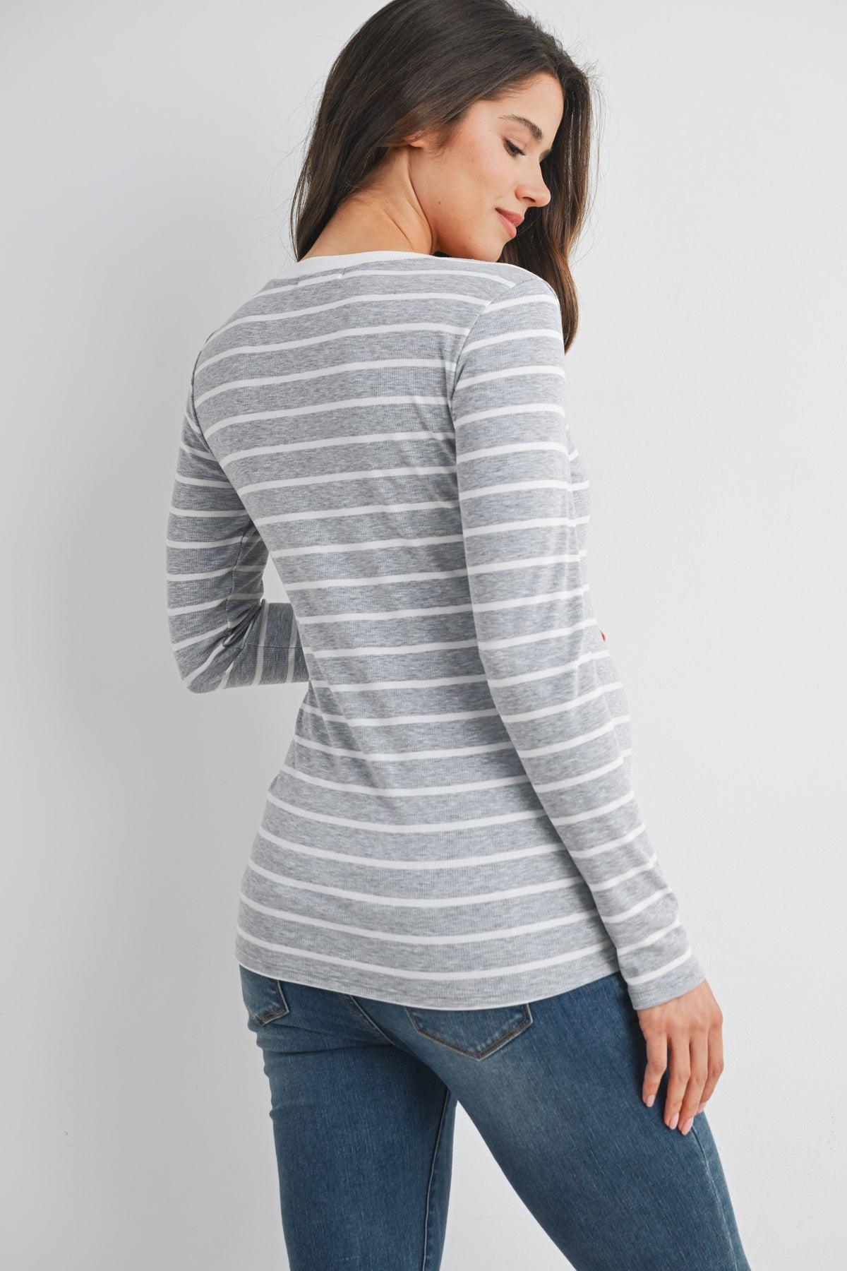 Grey Striped V Neck Long Sleeve Maternity Top Back View