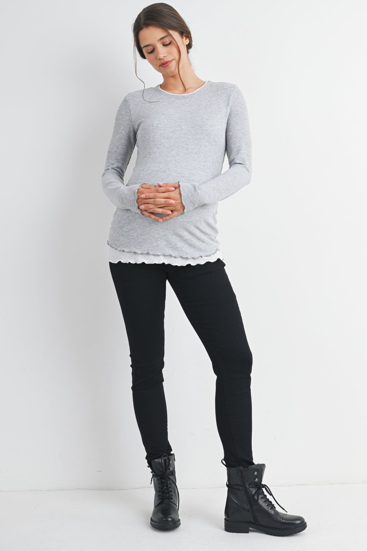 Grey/White Ribbed Round Neck Long Sleeve Contrast Maternity Top Full Body