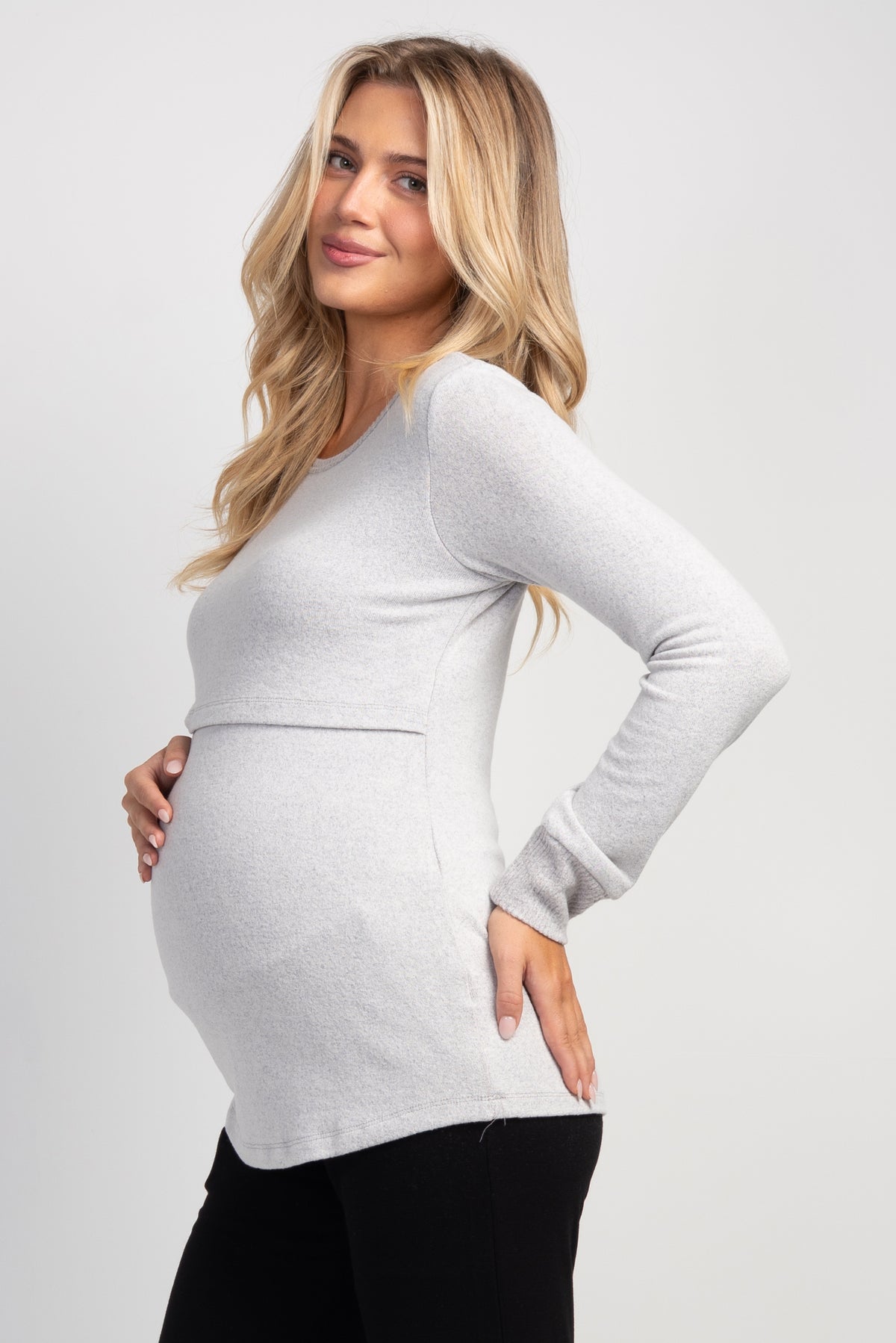 Heather Grey Long Sleeve Crew Neck Nursing Sweater Top Side View