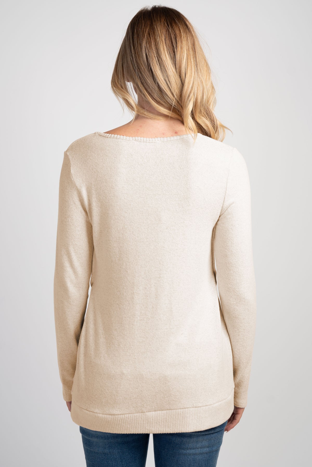 Oatmeal Long Sleeve Scoop Neck Maternity Sweater Knit Top Back View