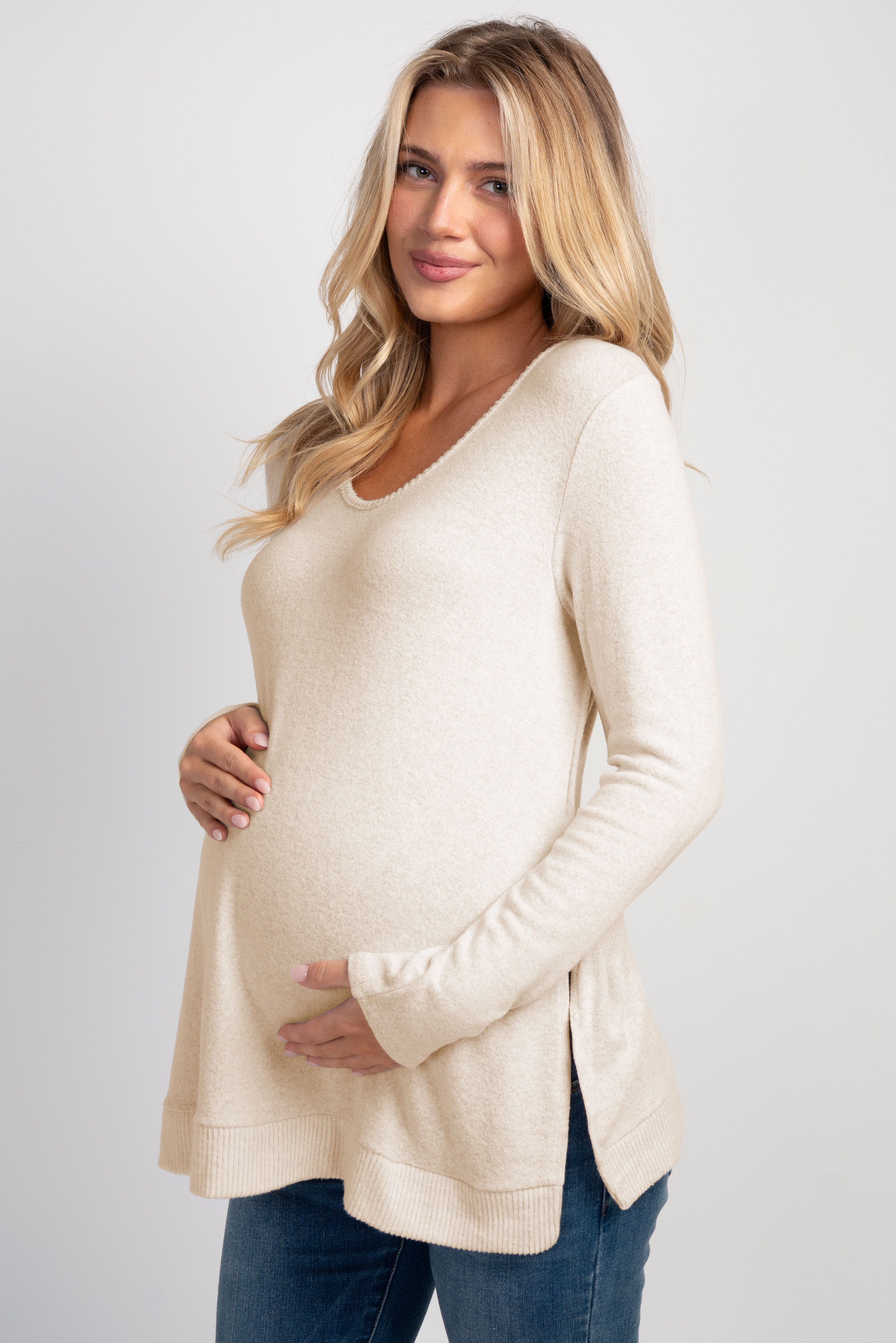 Oatmeal Long Sleeve Scoop Neck Maternity Sweater Knit Top Front View