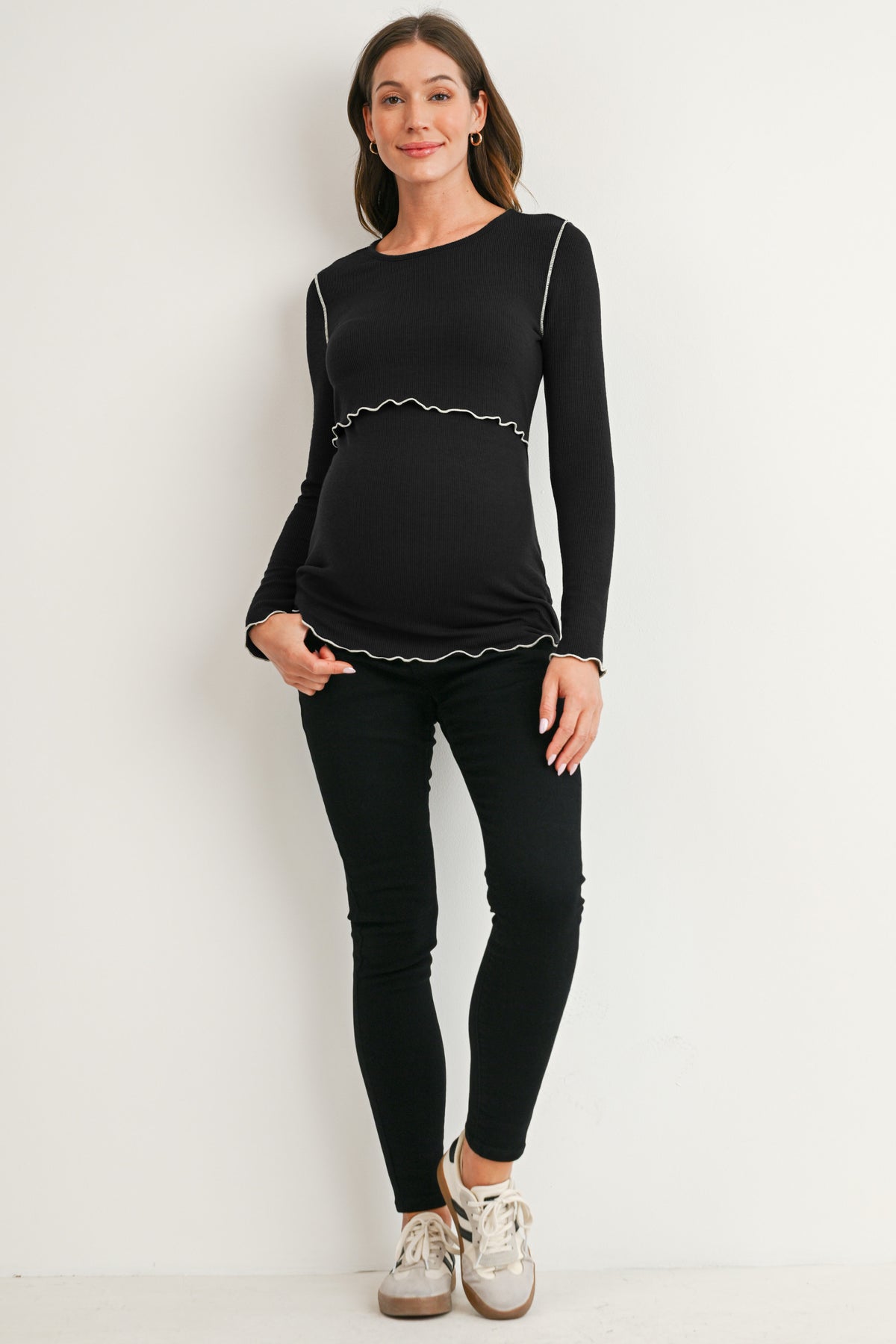 Black Ribbed Long Sleeve Crew Neck Maternity Nursing Top Full Body