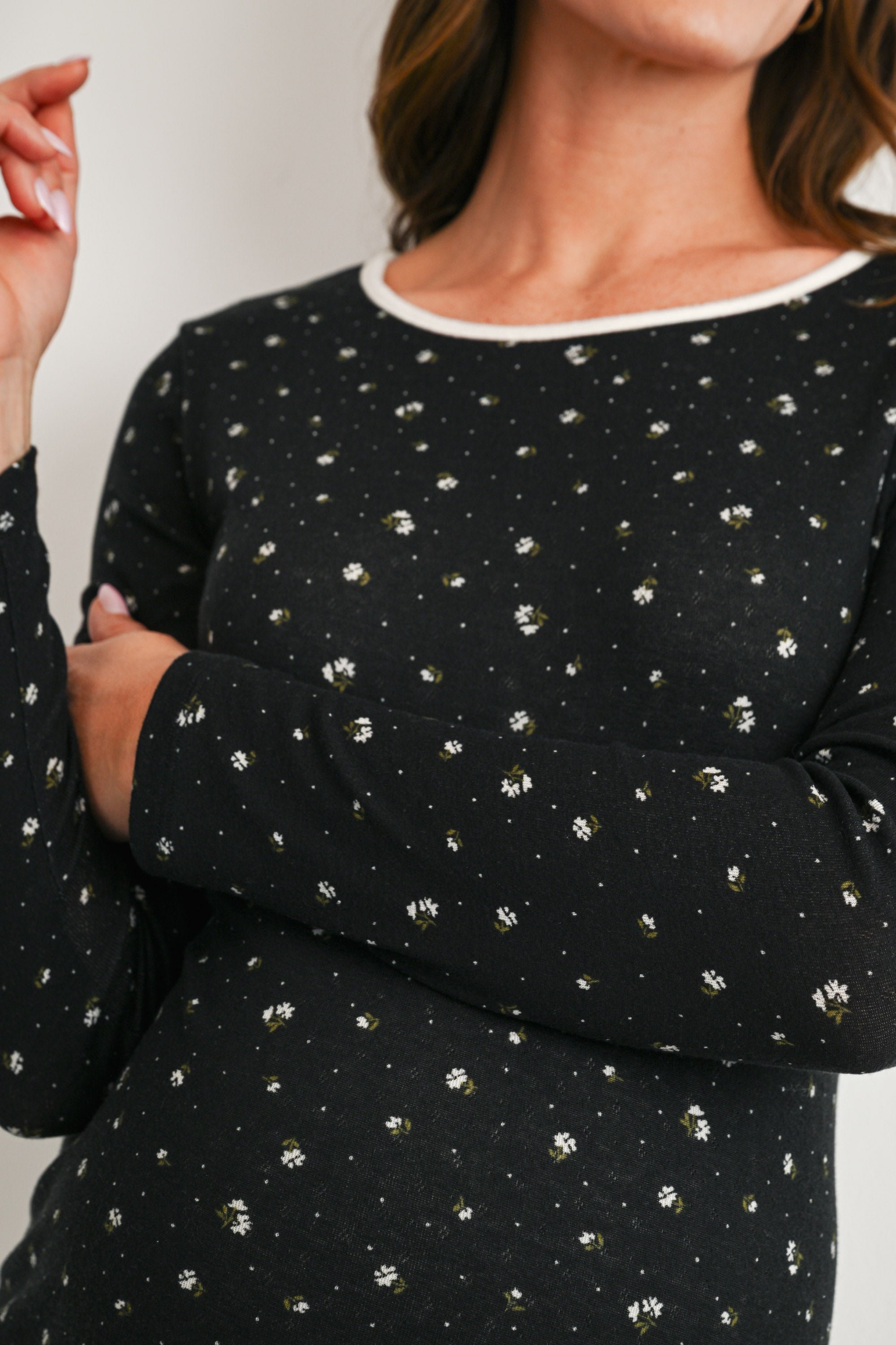 Black Ditsy Floral Long Sleeve Maternity Top Close Up