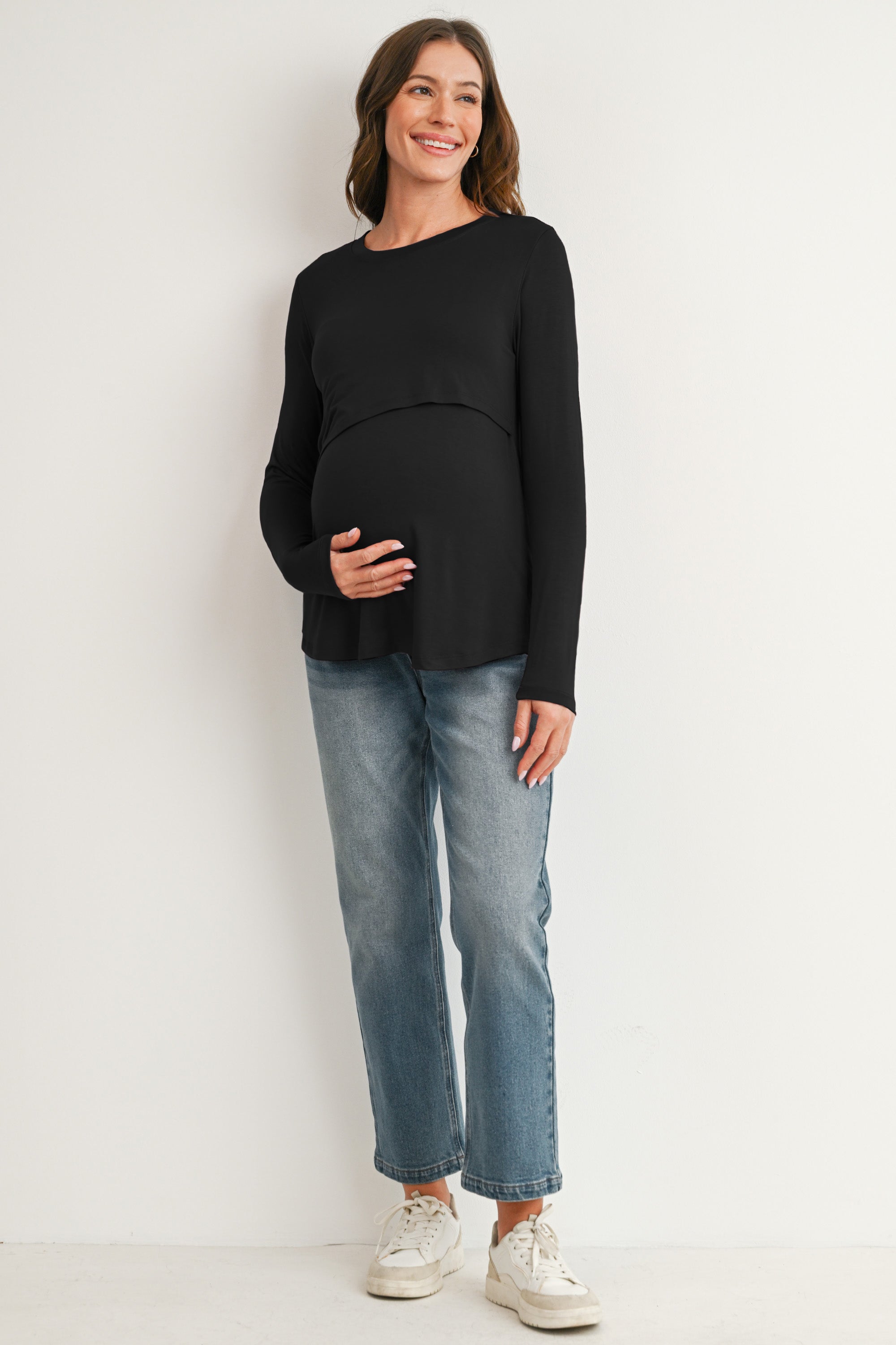 Black Long Sleeve Crew Neck Maternity Nursing Top Full Body