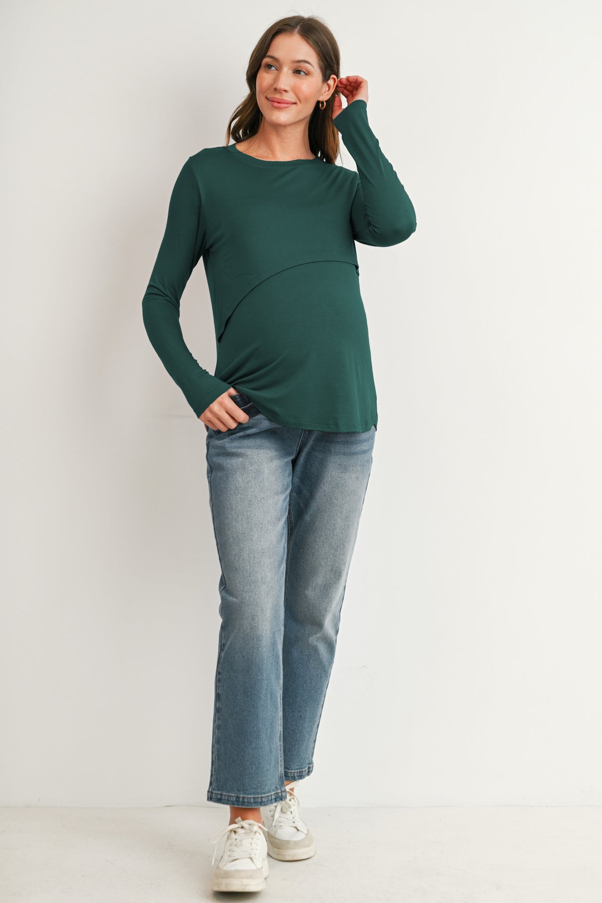 Green Long Sleeve Crew Neck Maternity Nursing Top Full Body