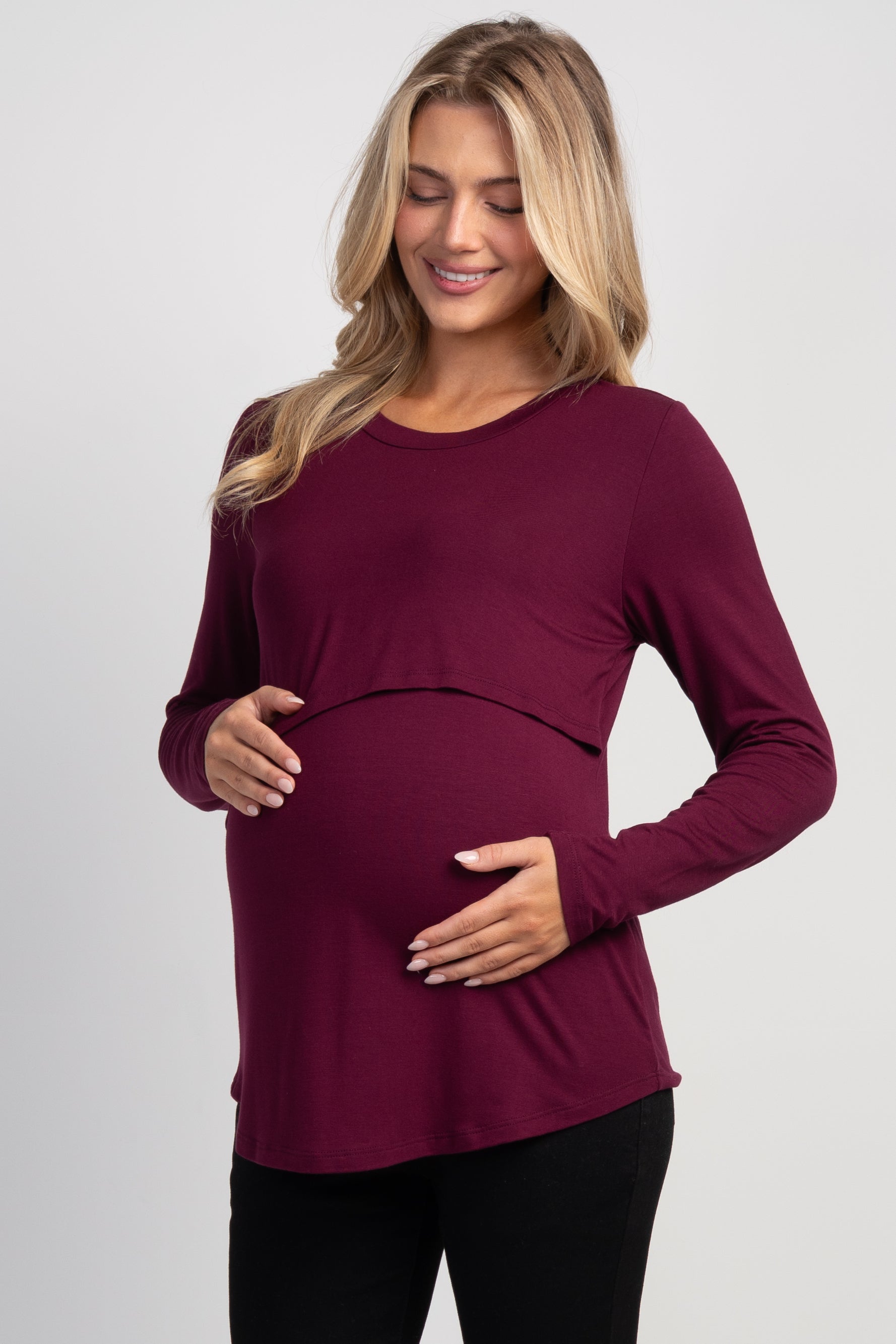 Burgundy Long Sleeve Crew Neck Maternity Nursing Top Front View