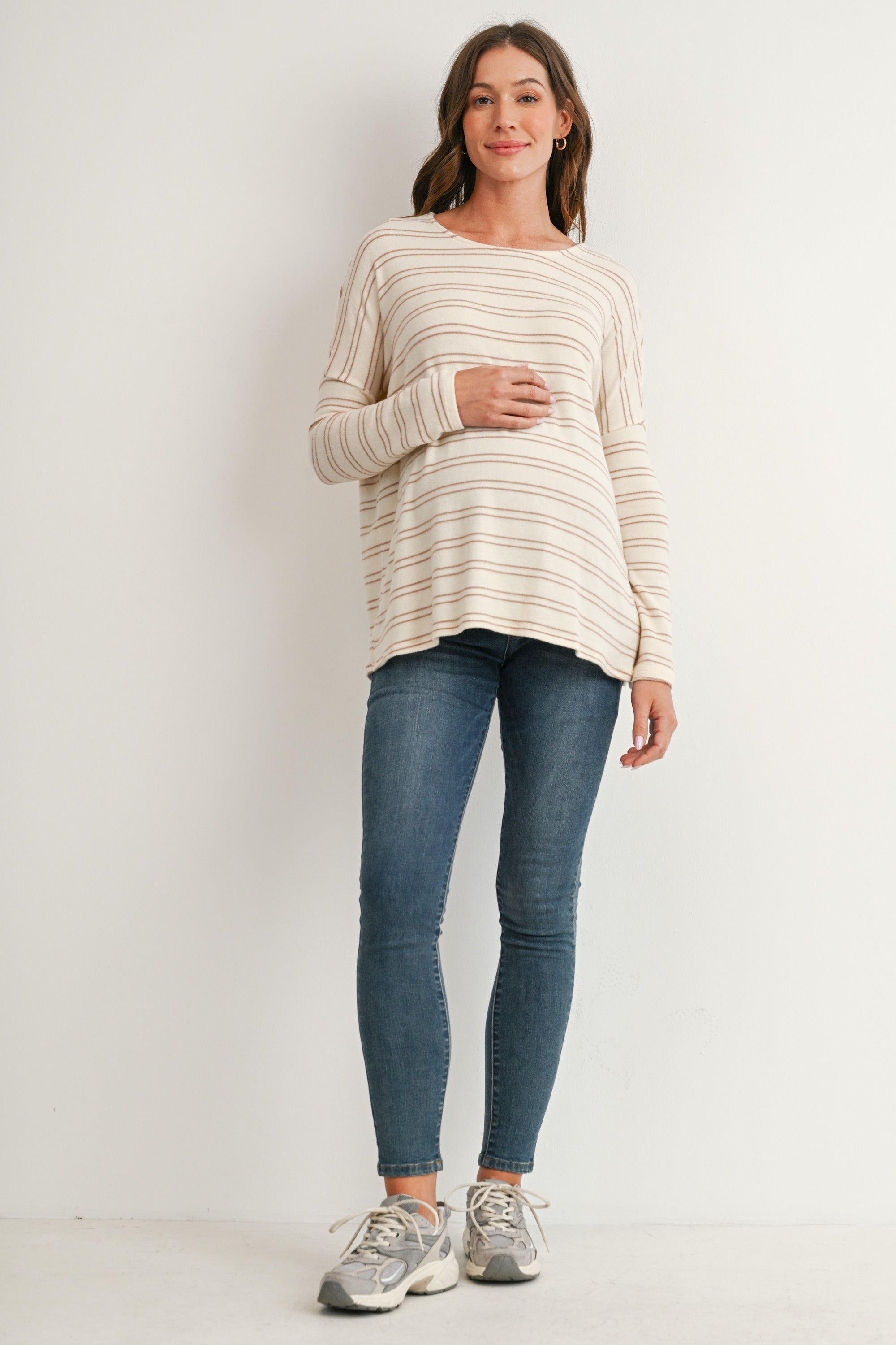 Cream/Taupe Striped Long Sleeve Maternity Knit Top Full Body View