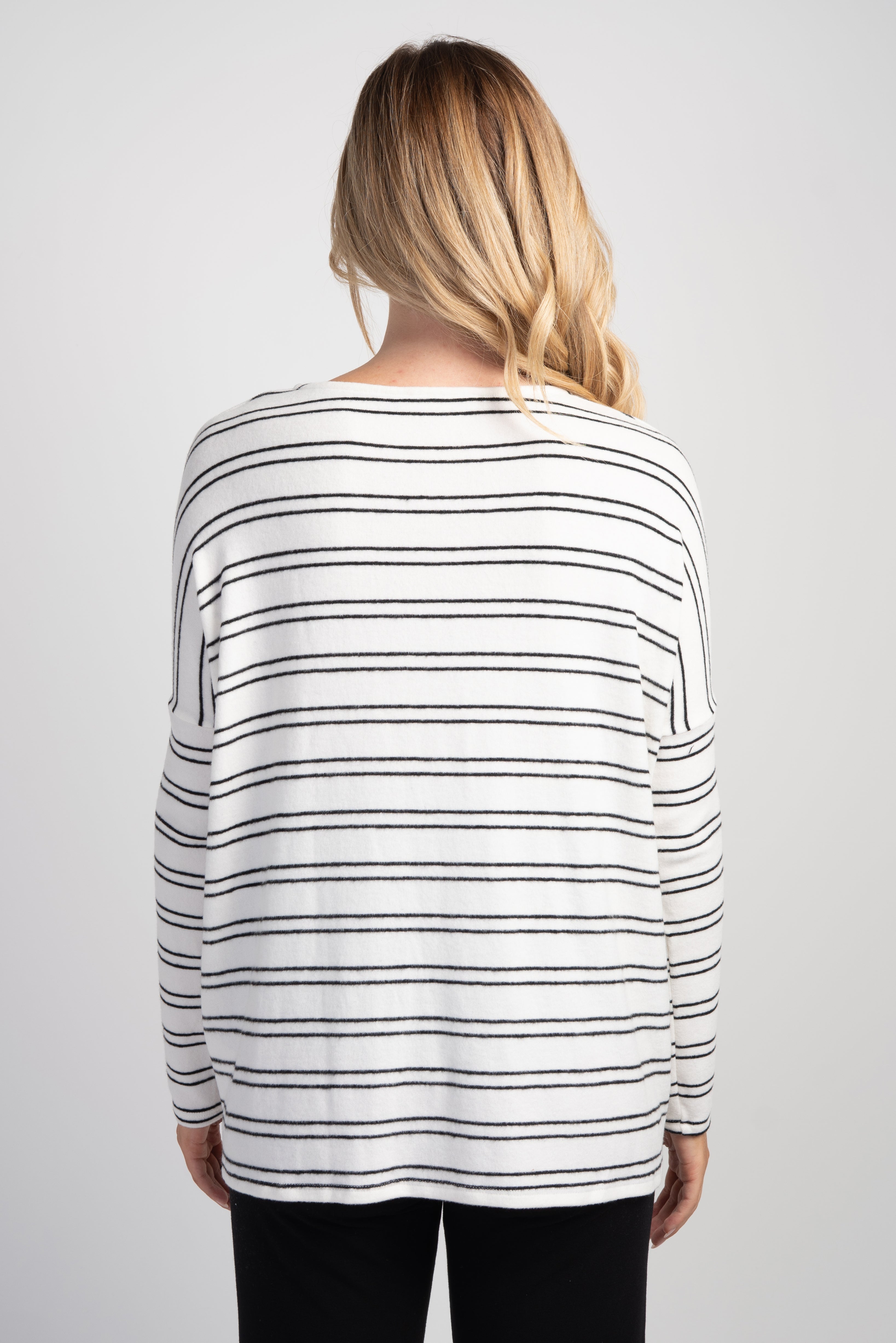 White/Black Striped Long Sleeve Maternity Knit Top Back View