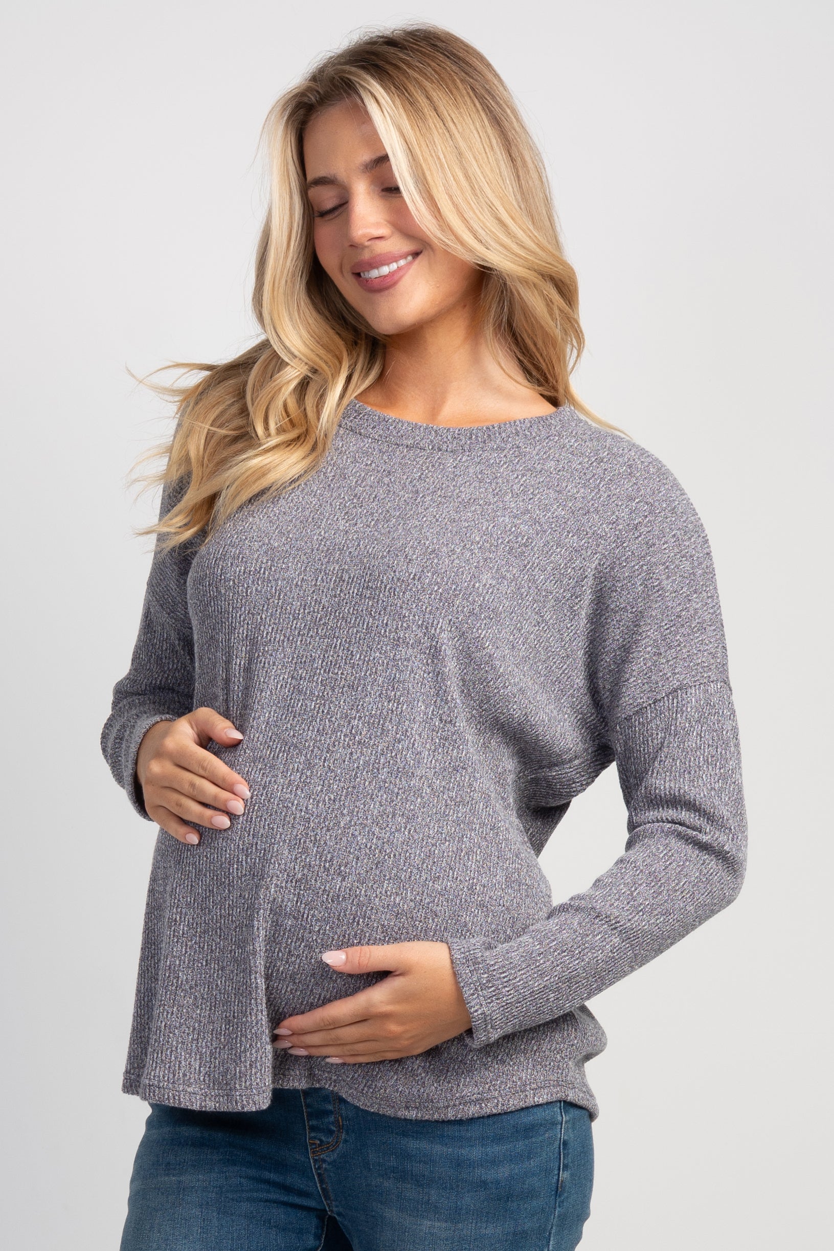 Charcoal Relaxed Fit Crew Neck Sweater Knit Maternity Top Front View