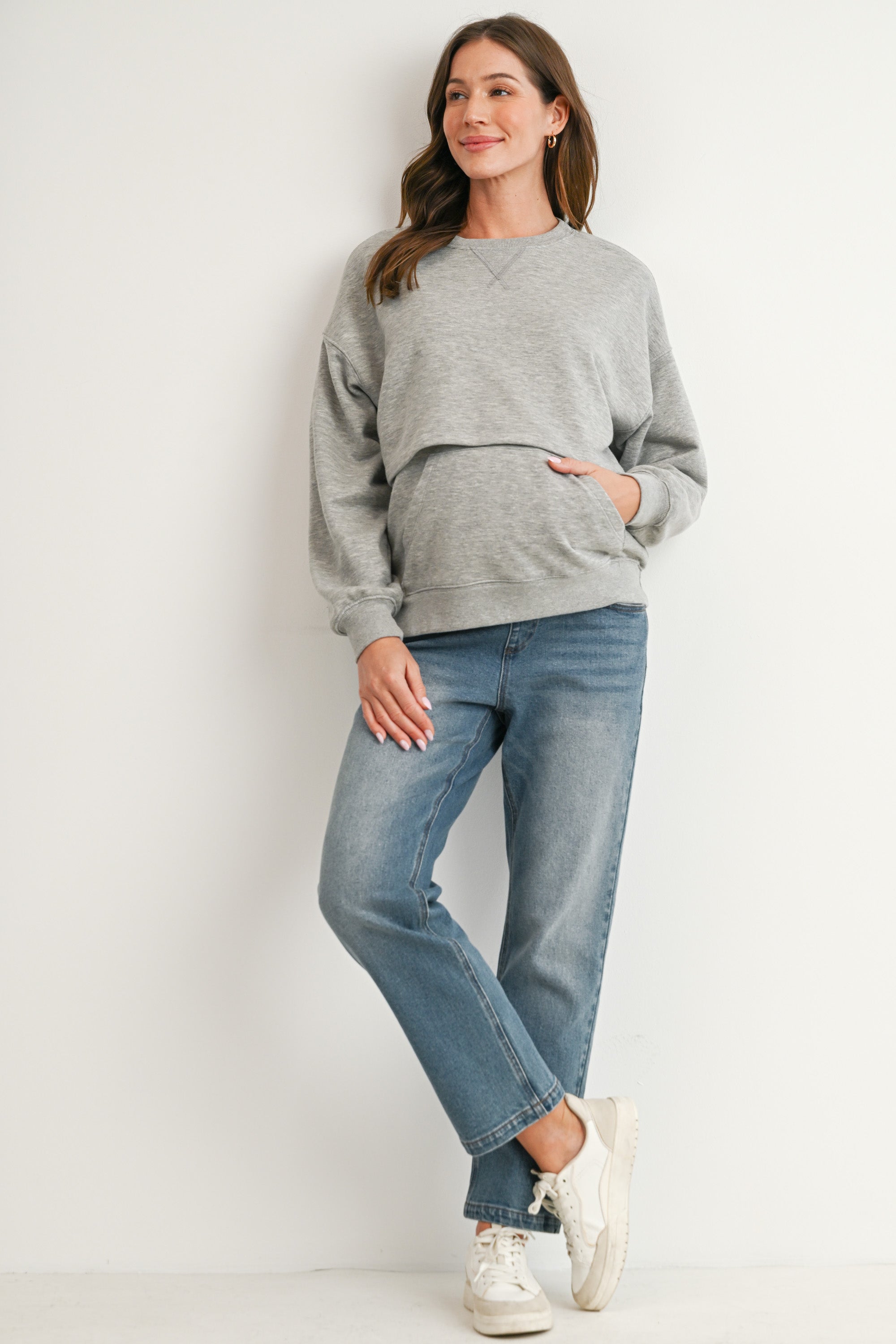 Full body view of Back view of Hello Miz heather gray maternity nursing sweatshirt with kangaroo pocket