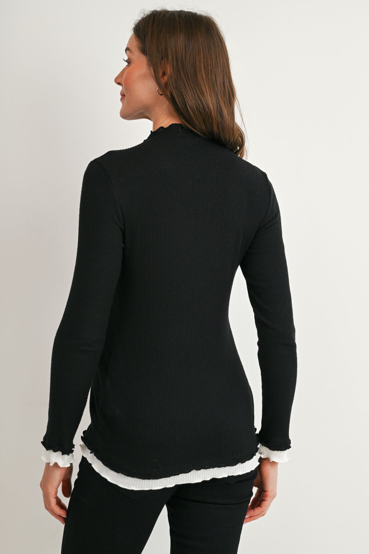 Black Long Sleeve Ribbed Mock Neck Top with Contrast Trim Back View