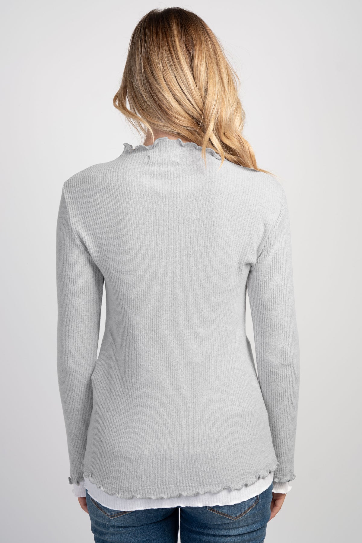 Heather Grey Long Sleeve Ribbed Mock Neck Top with Contrast Trim Back View