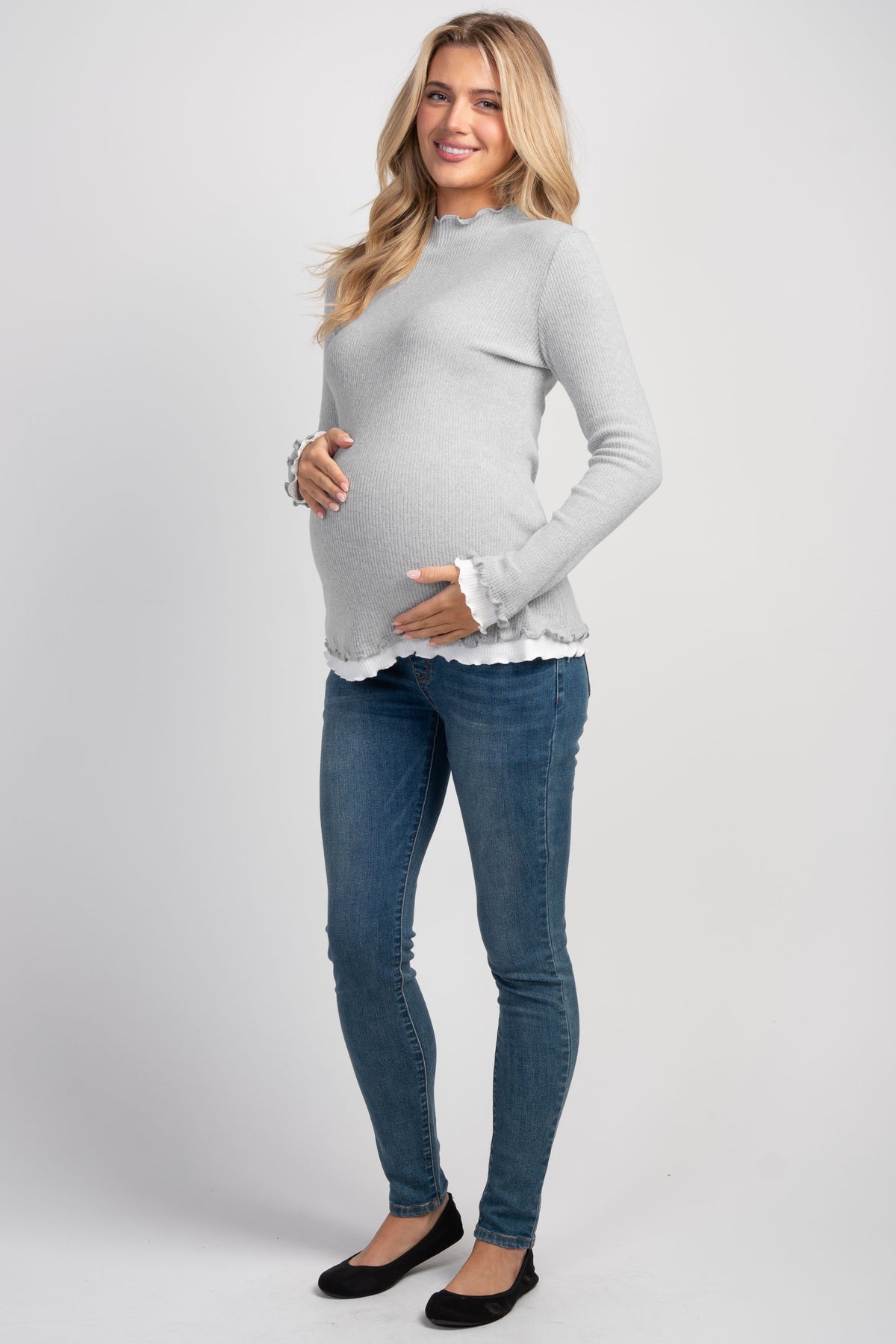 Heather Grey Long Sleeve Ribbed Mock Neck Top with Contrast Trim Full Body View