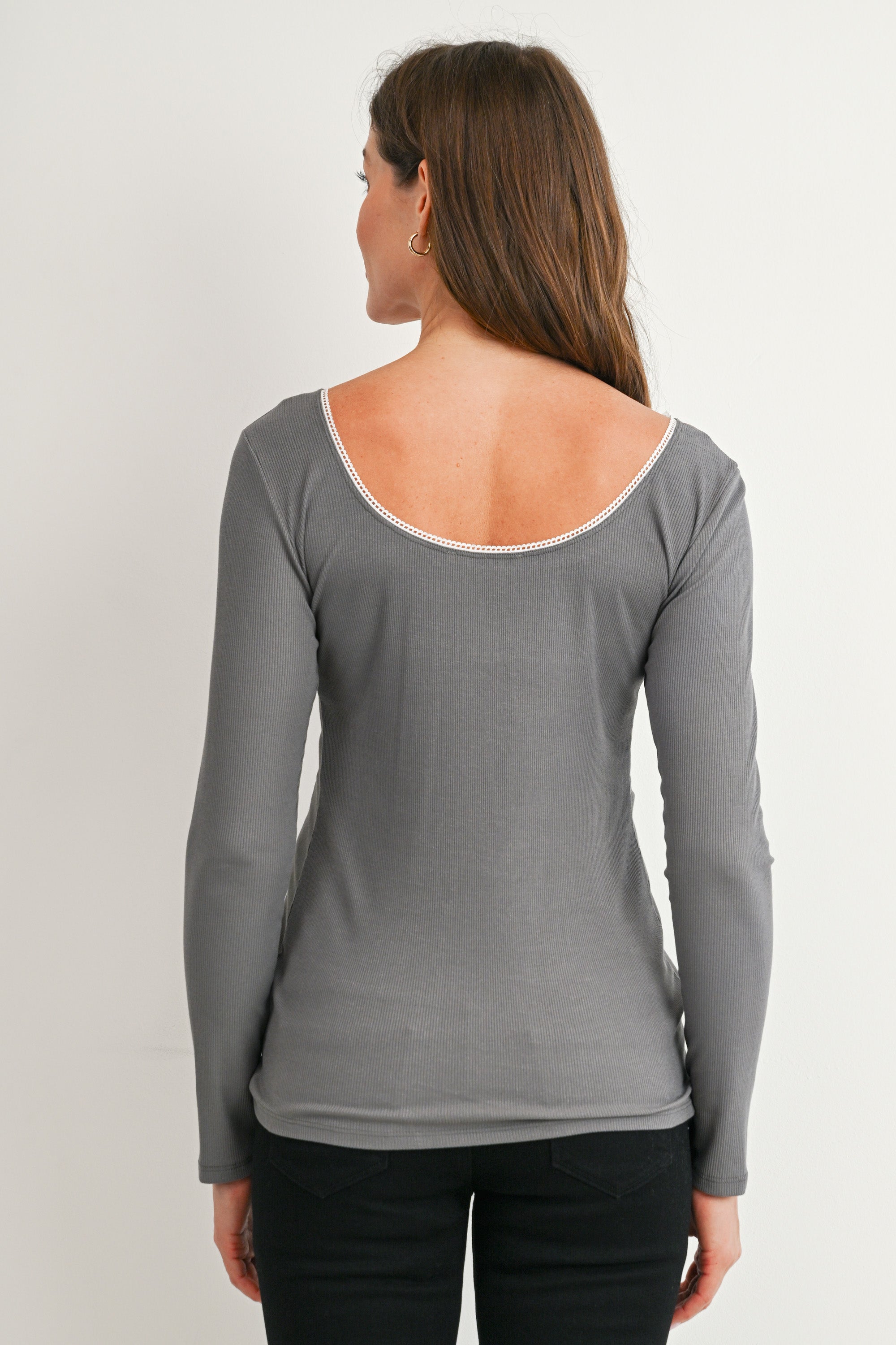 Olive Ribbed Long Sleeve Scoop Neck Top with Lace Trim Back View