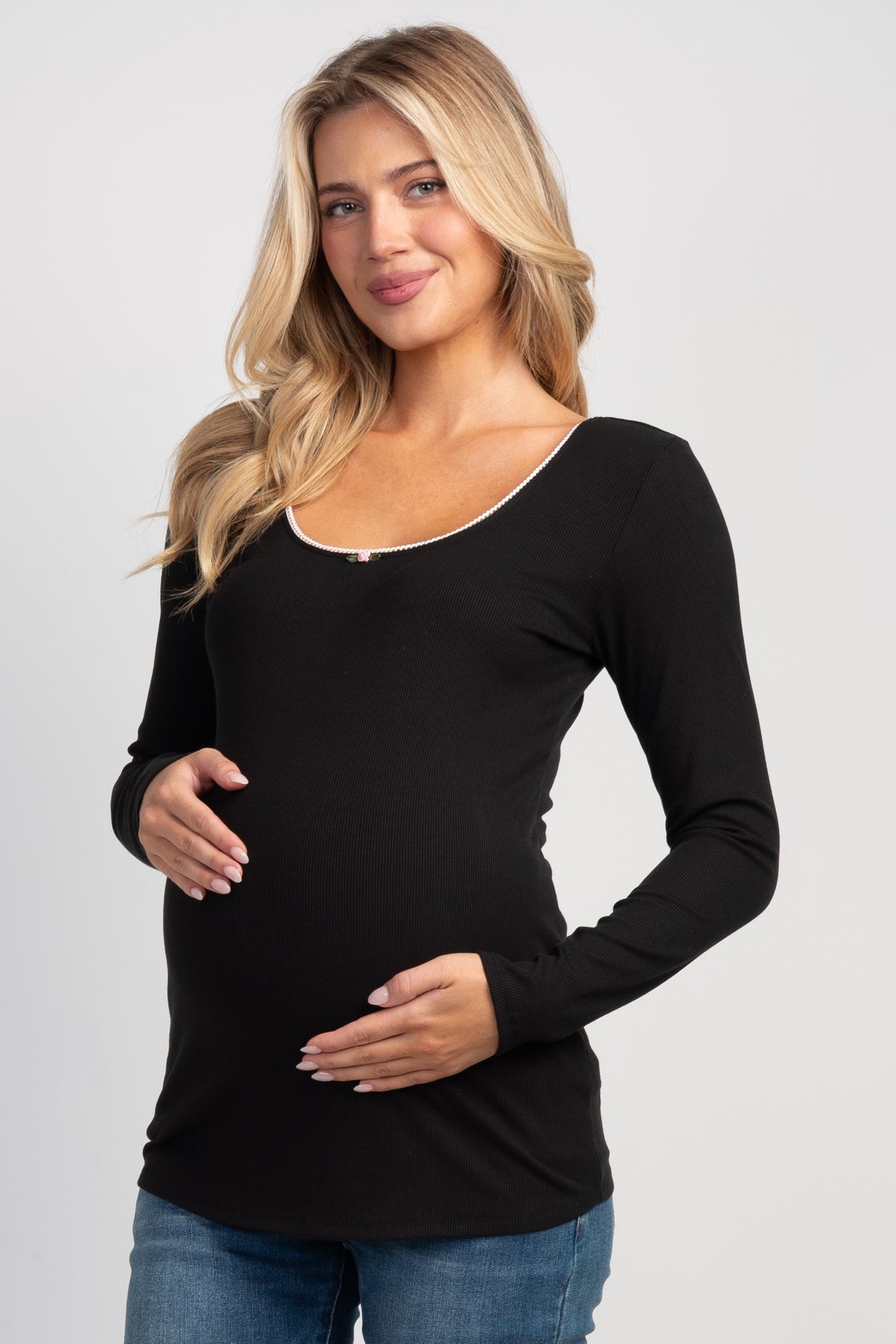Black Ribbed Long Sleeve Scoop Neck Top with Lace Trim Front View