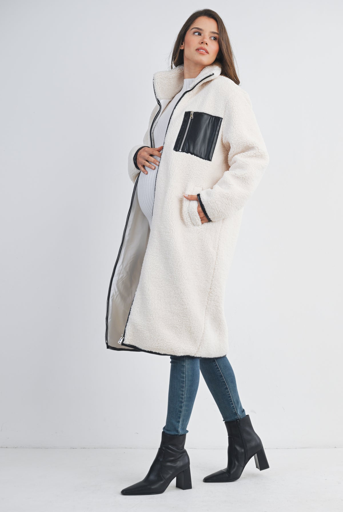 White Teddy Zip Up Maternity Coat Side View