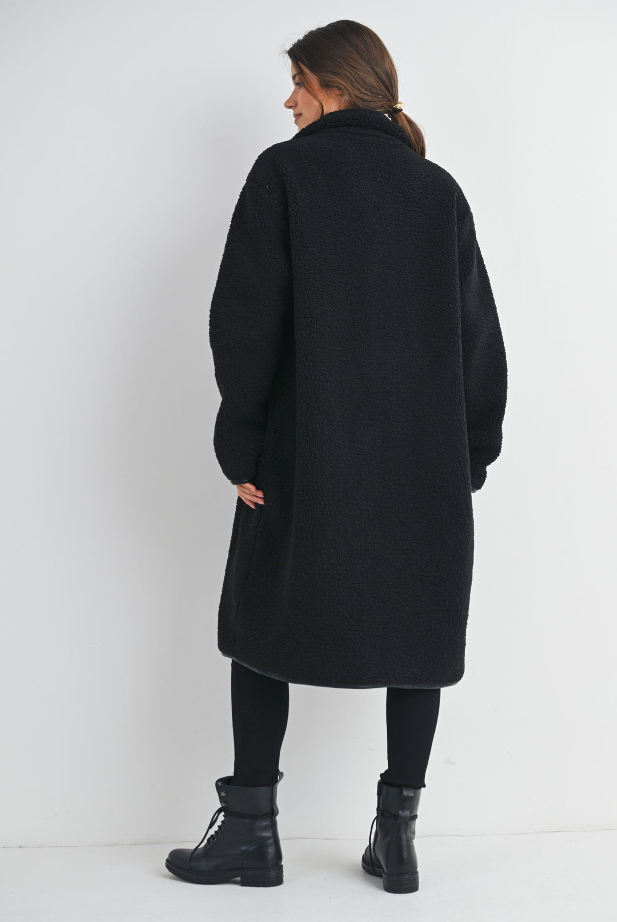 Black Teddy Zip Up Maternity Coat Back View