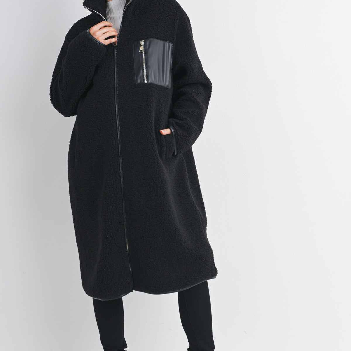 Black Teddy Zip Up Maternity Coat Front View