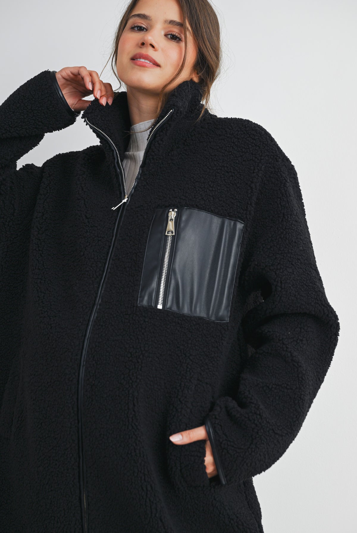 Black Teddy Zip Up Maternity Coat Close Up Detail