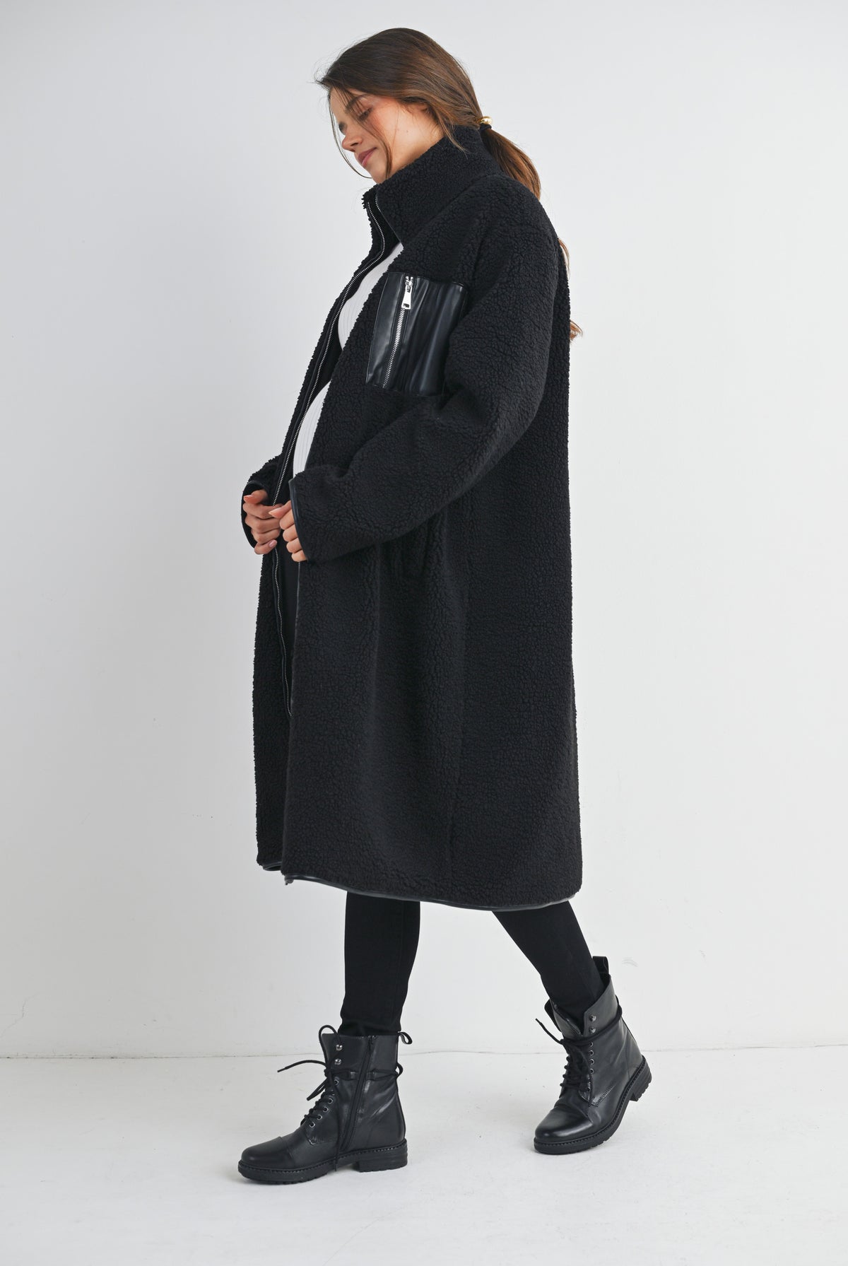 Black Teddy Zip Up Maternity Coat Side View