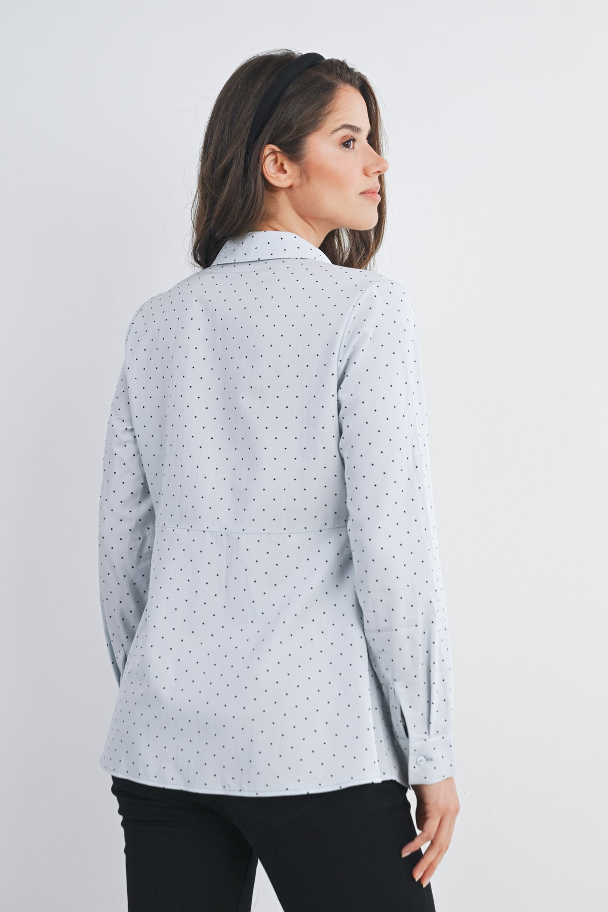 Blue Polka Dot Long Sleeve Button Down Maternity Top Back View