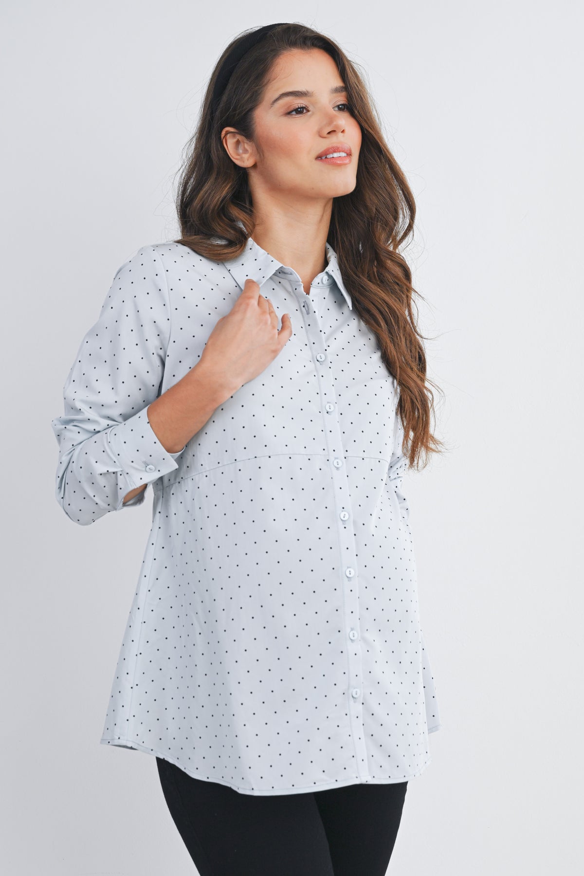 Blue Polka Dot Long Sleeve Button Down Maternity Top Side View
