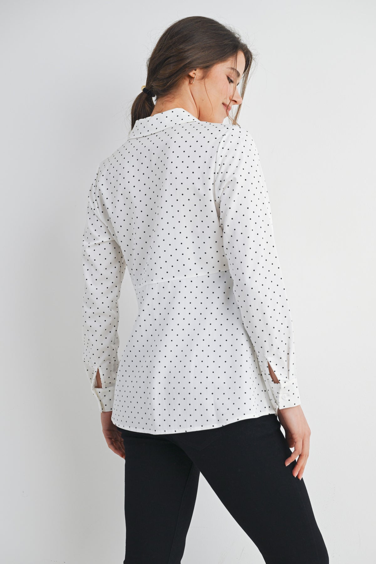 White Polka Dot Long Sleeve Button Down Maternity Top Back View