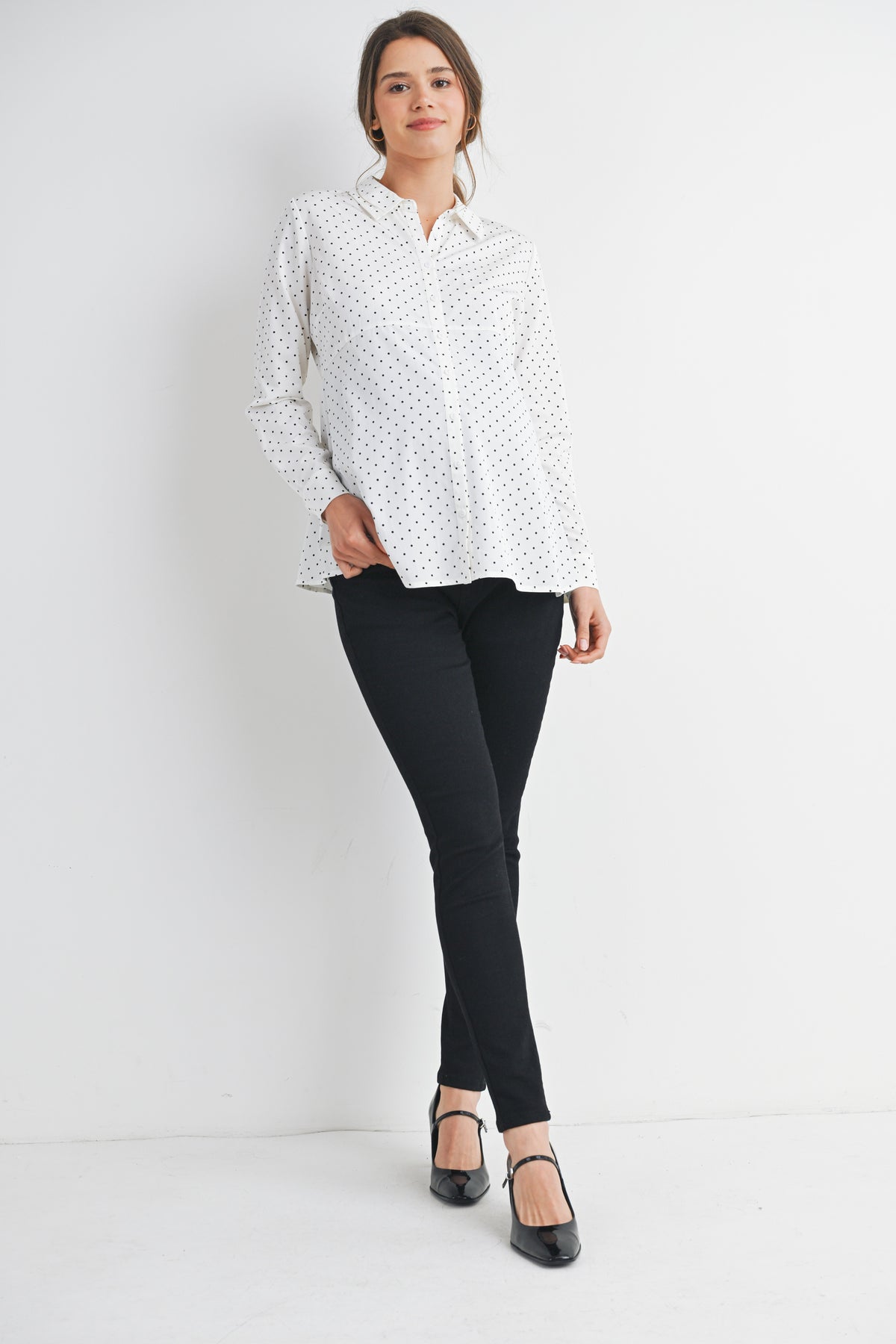 White Polka Dot Long Sleeve Button Down Maternity Top Full Body