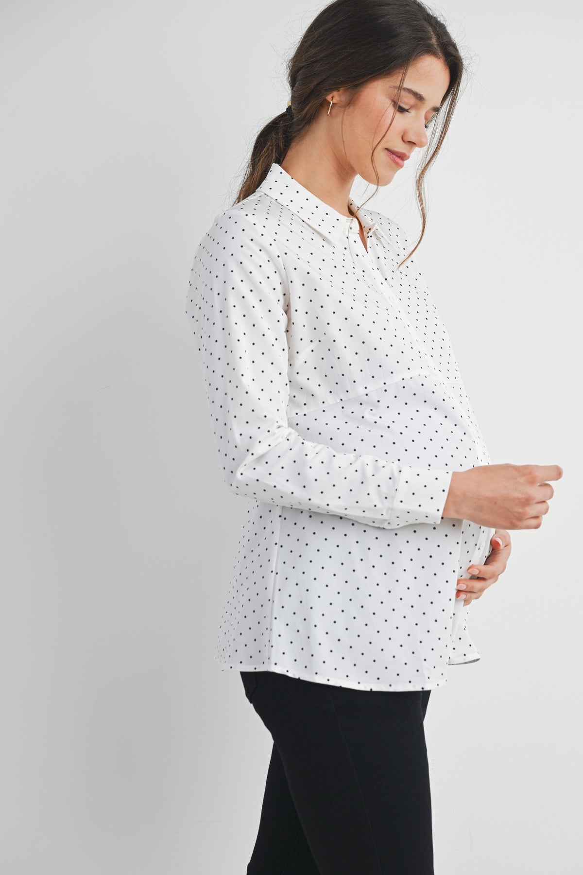 White Polka Dot Long Sleeve Button Down Maternity Top Side View