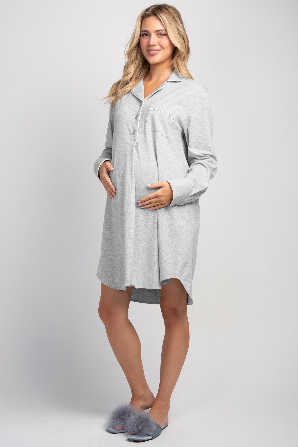 Heather grey maternity long sleeve nightshirt full body front view with curved hem