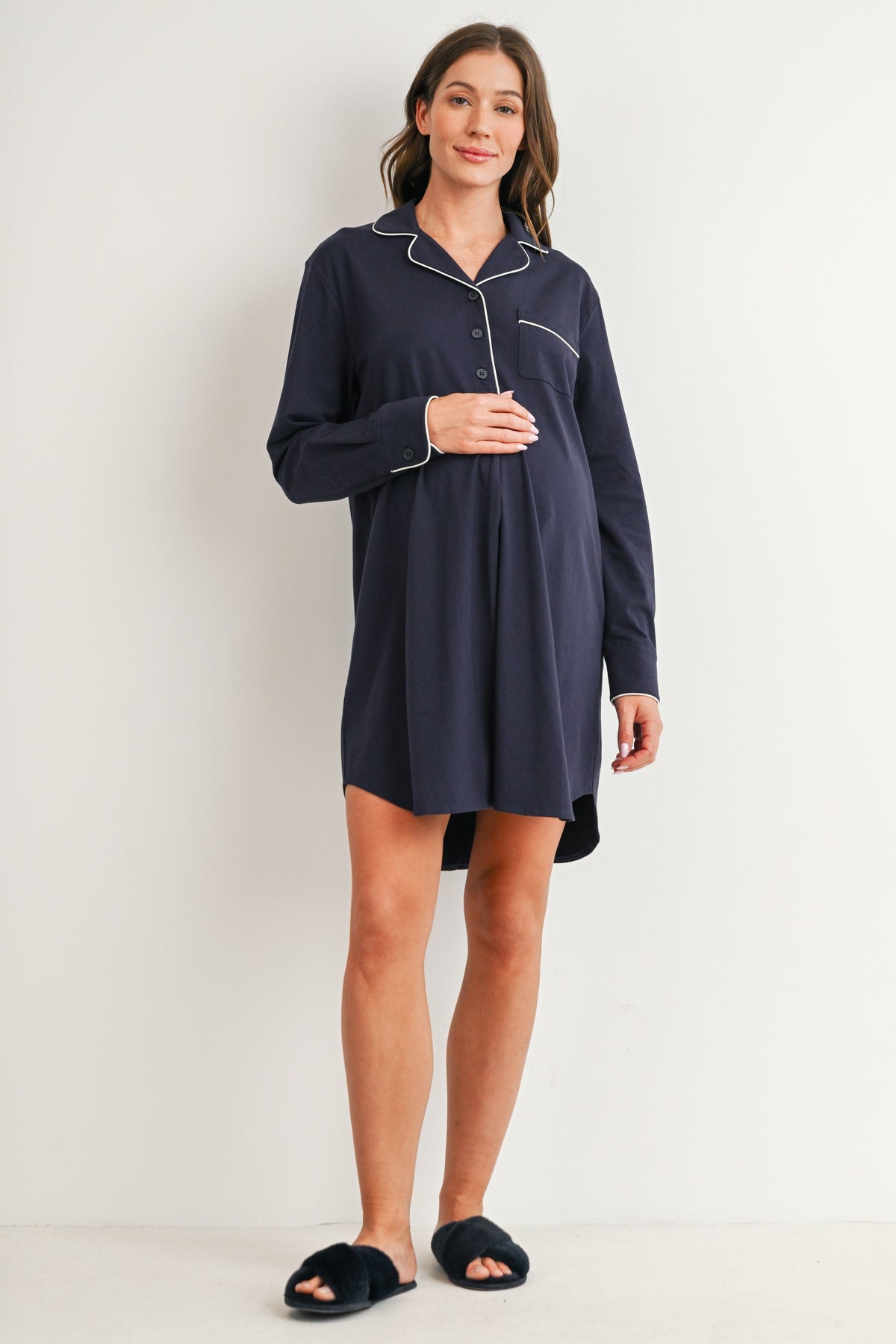 Navy Maternity nursing button-front sleep shirt in navy with contrast piping