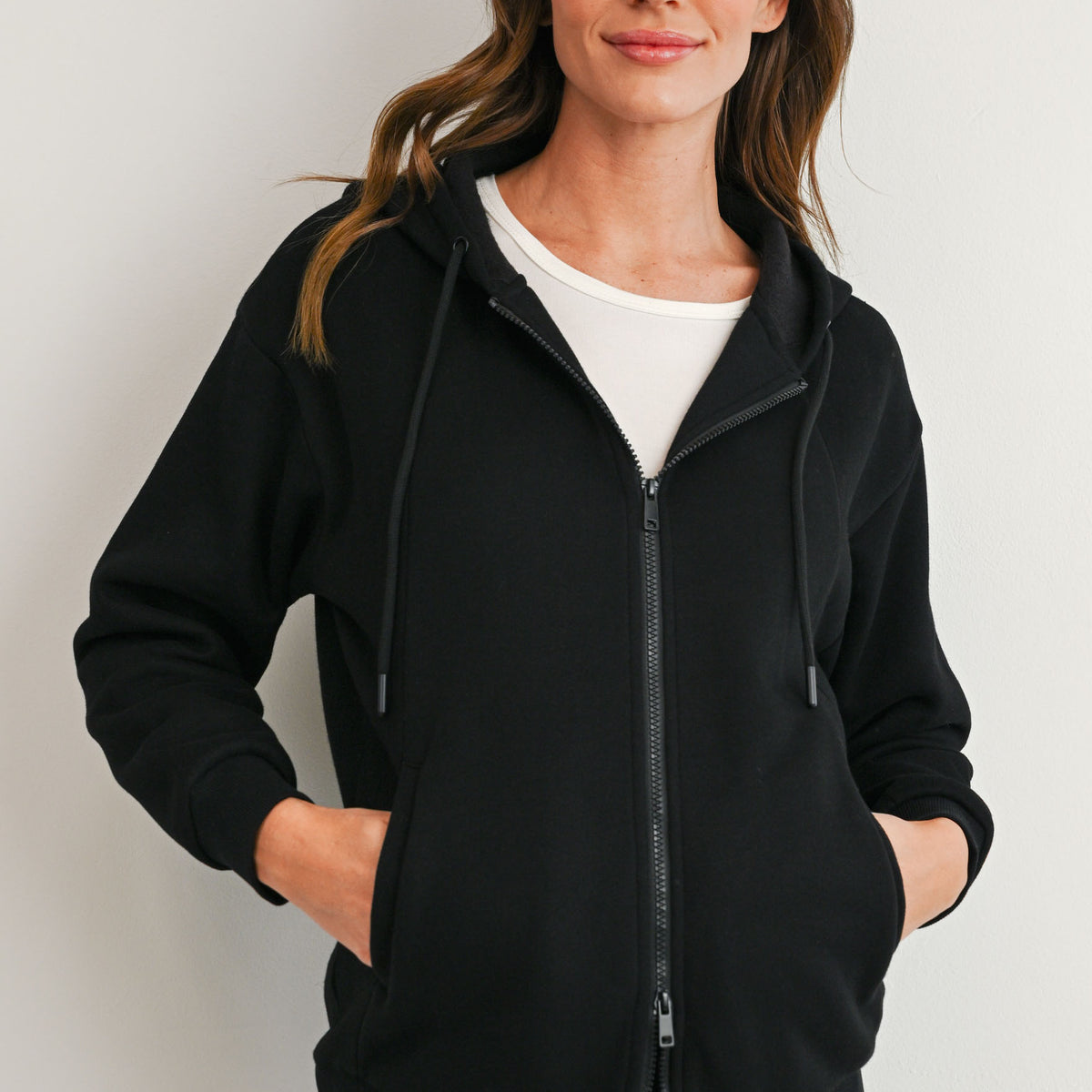 Hello Miz black full-zip maternity hoodie with bump-friendly fit