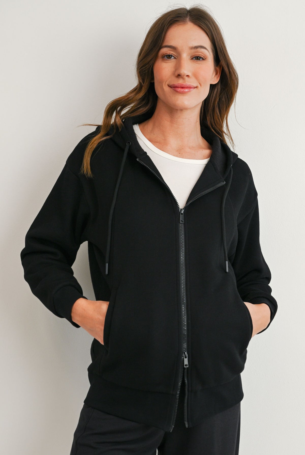 Hello Miz black full-zip maternity hoodie with bump-friendly fit