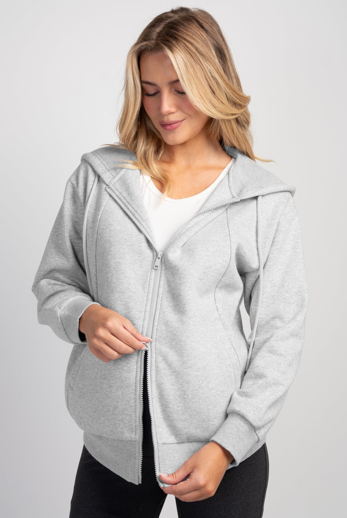 Hello Miz heather gray full-zip maternity hoodie with bump-friendly fit