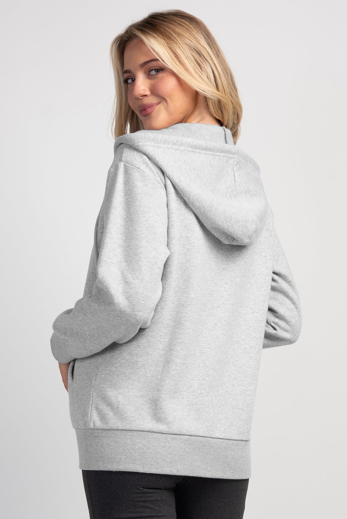 Back view of heather gray maternity hoodie with hood