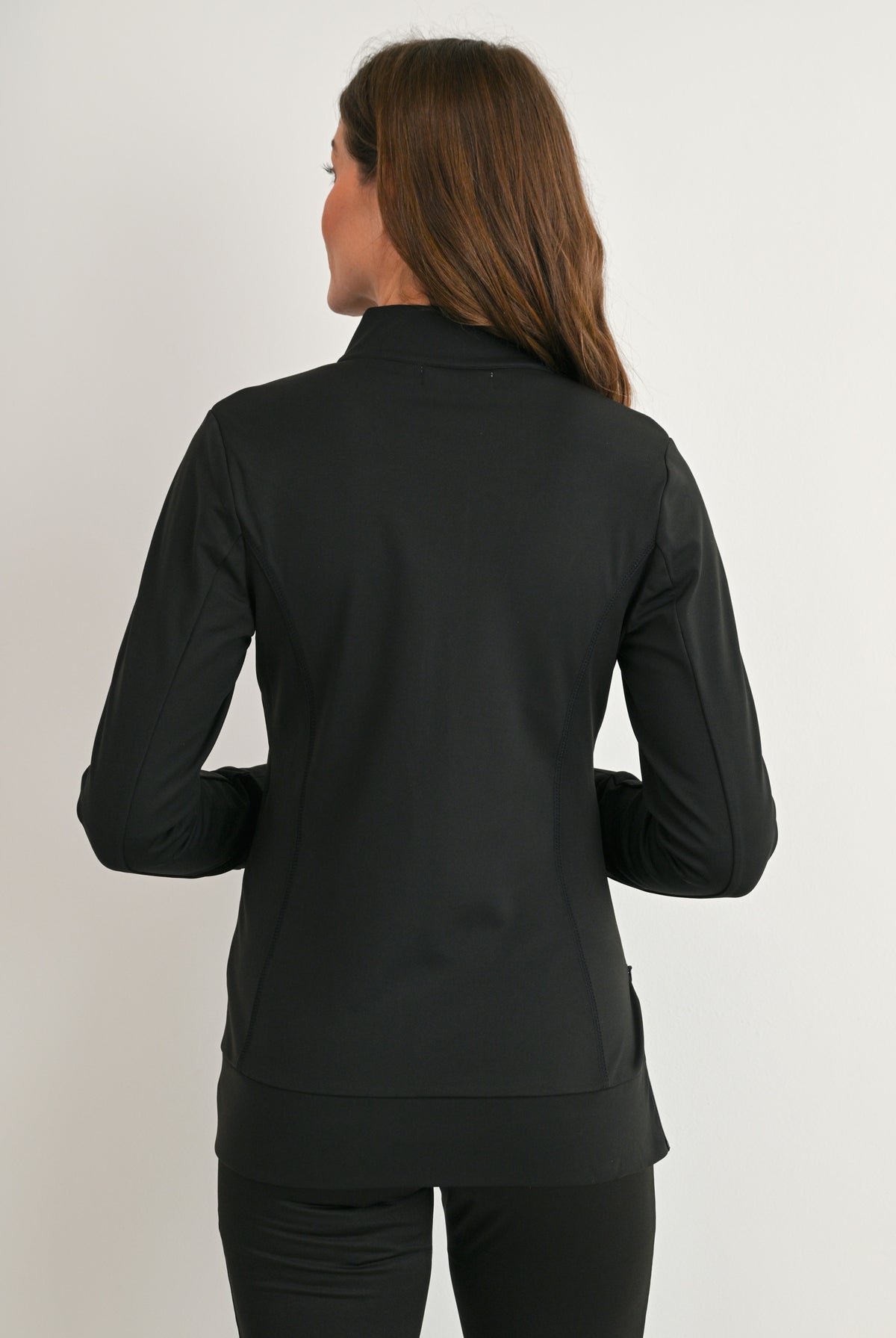 Back view of Hello Miz black maternity full-zip jacket