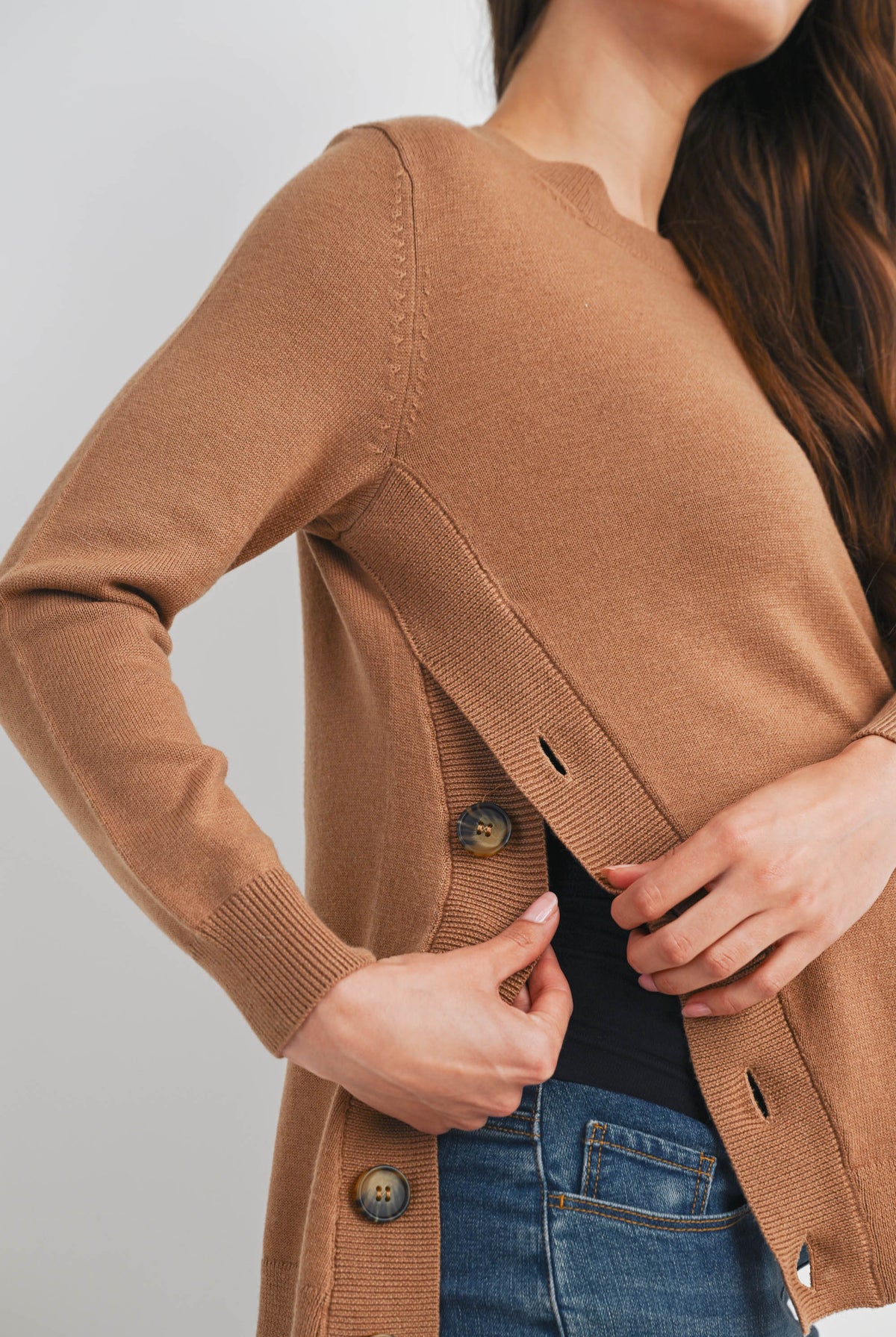 Camel Crew Neck Side Button Knit Maternity Sweater Top Nursing Detail Opening