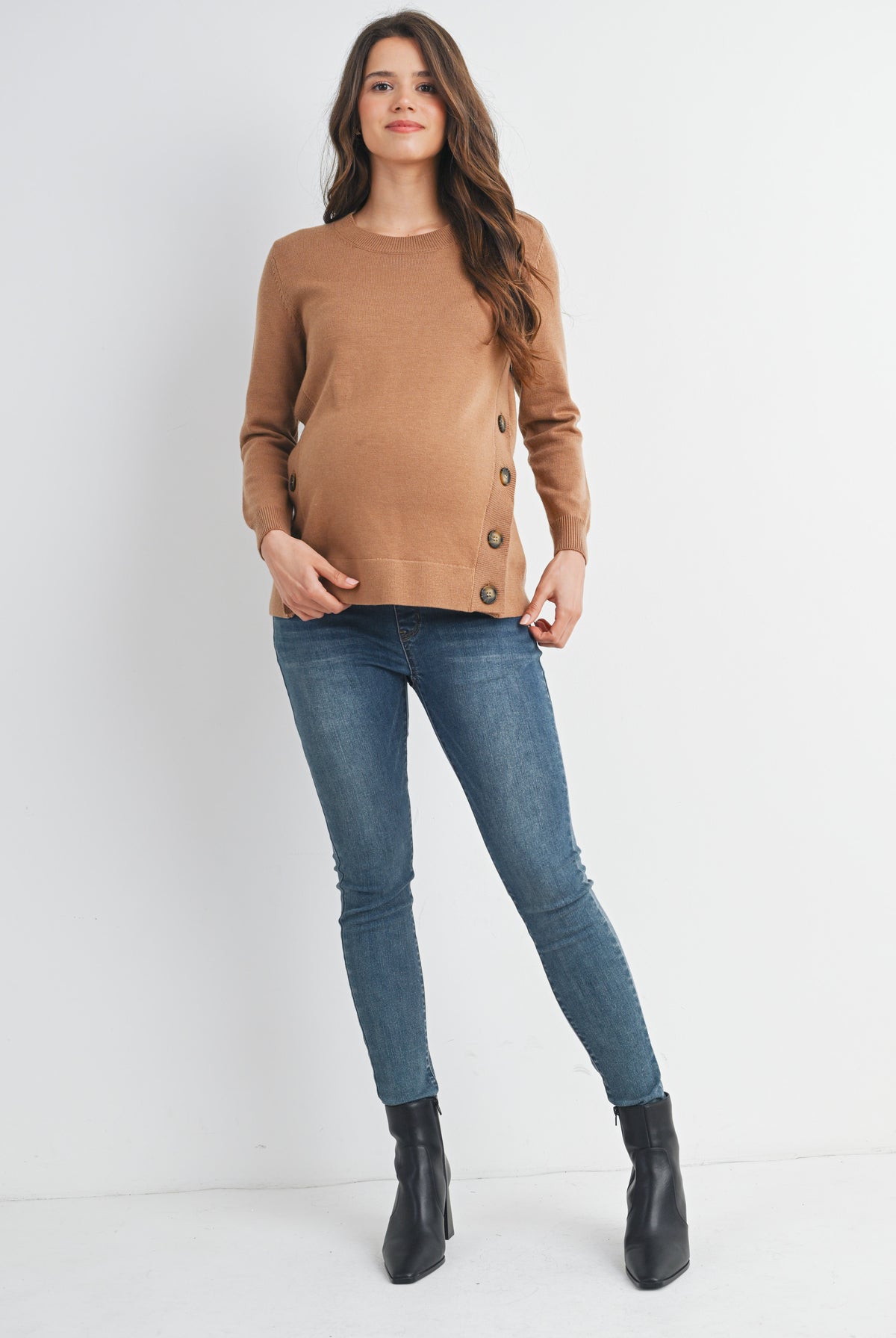 Camel Crew Neck Side Button Knit Maternity Sweater Top Full Body