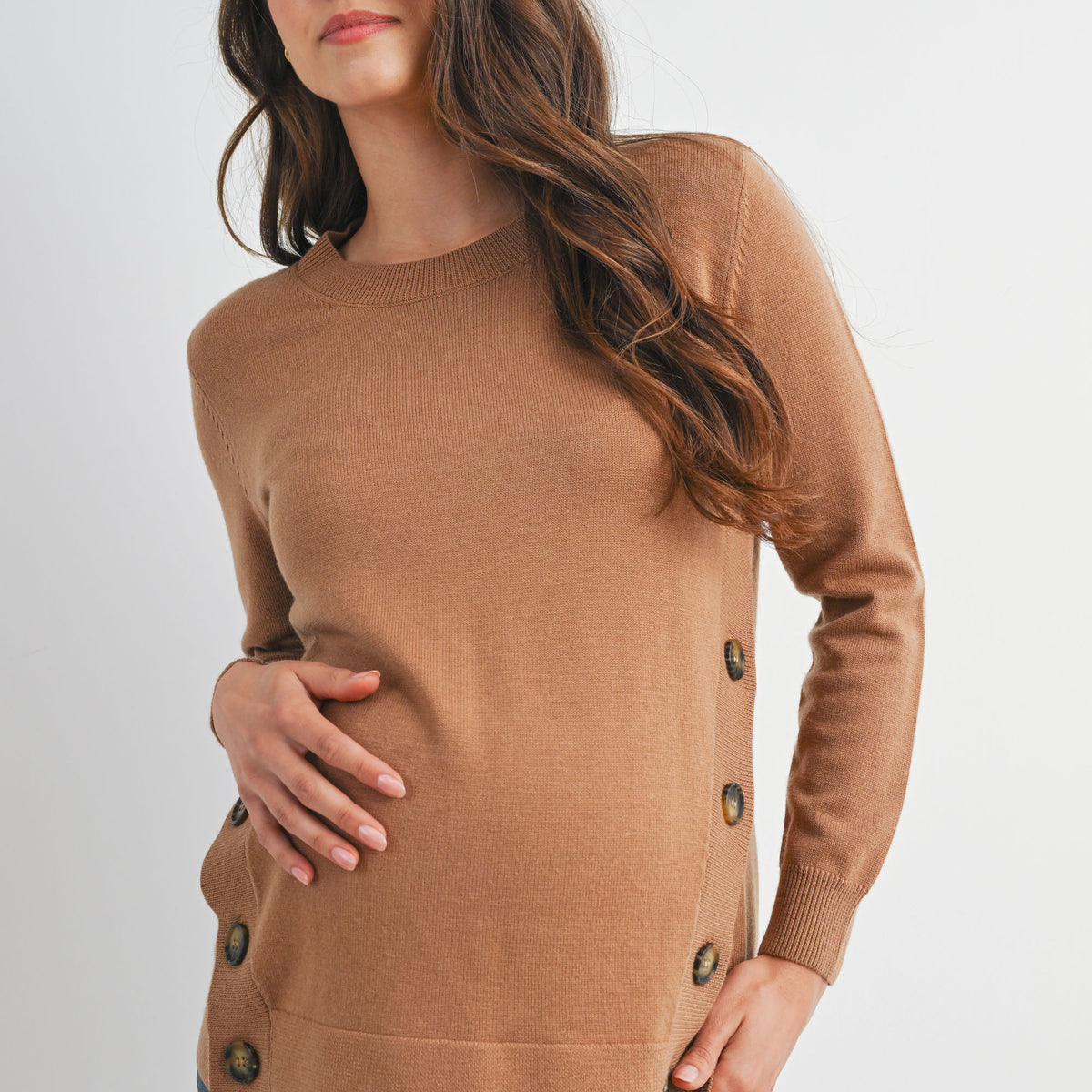 Camel Crew Neck Side Button Knit Maternity Sweater Top Front View