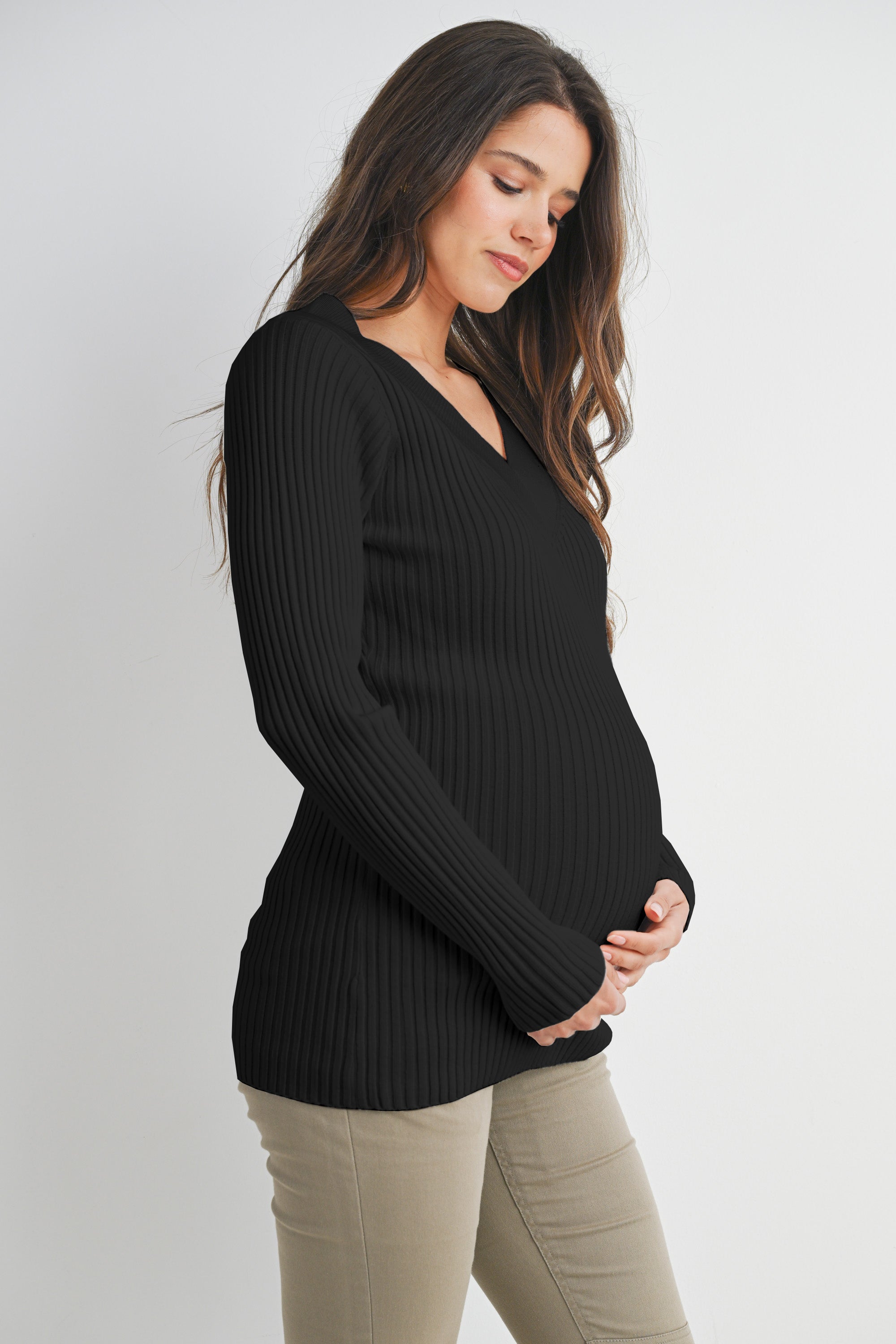 Black V Neck Ribbed Long Sleeve Maternity Knit Top Side View