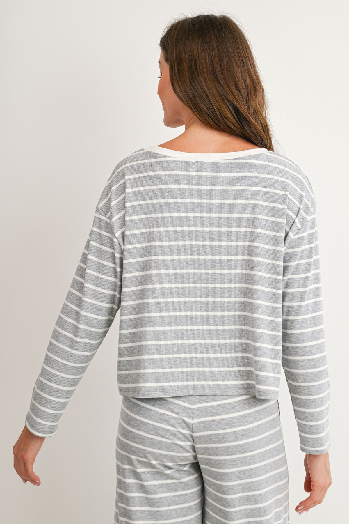 Heather Grey/Off White Maternity Striped Long Sleeve Top & Wide Leg Pants 2-Piece Set Back Top