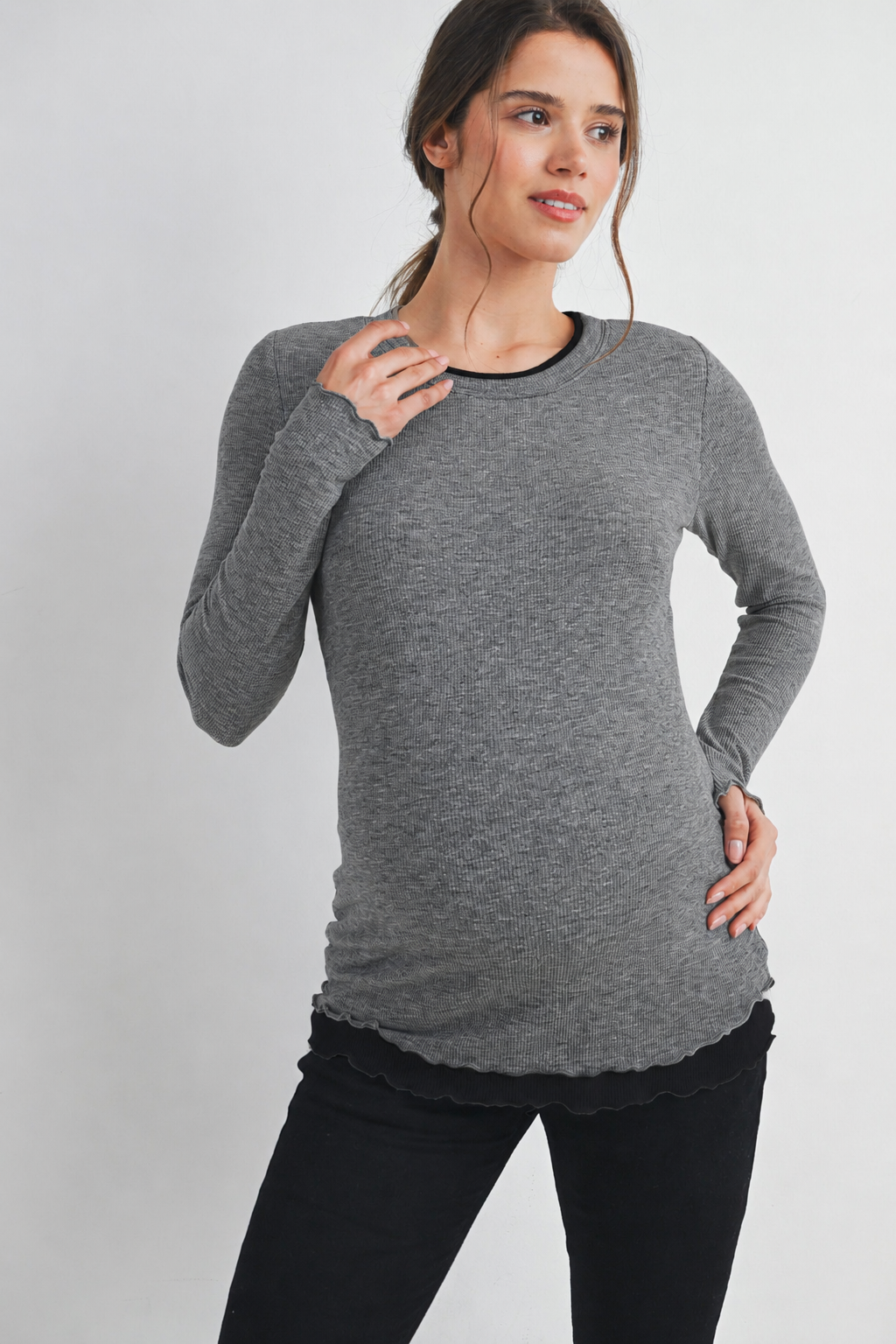 Charcoal/Black Ribbed Round Neck Long Sleeve Contrast Maternity Top Front View