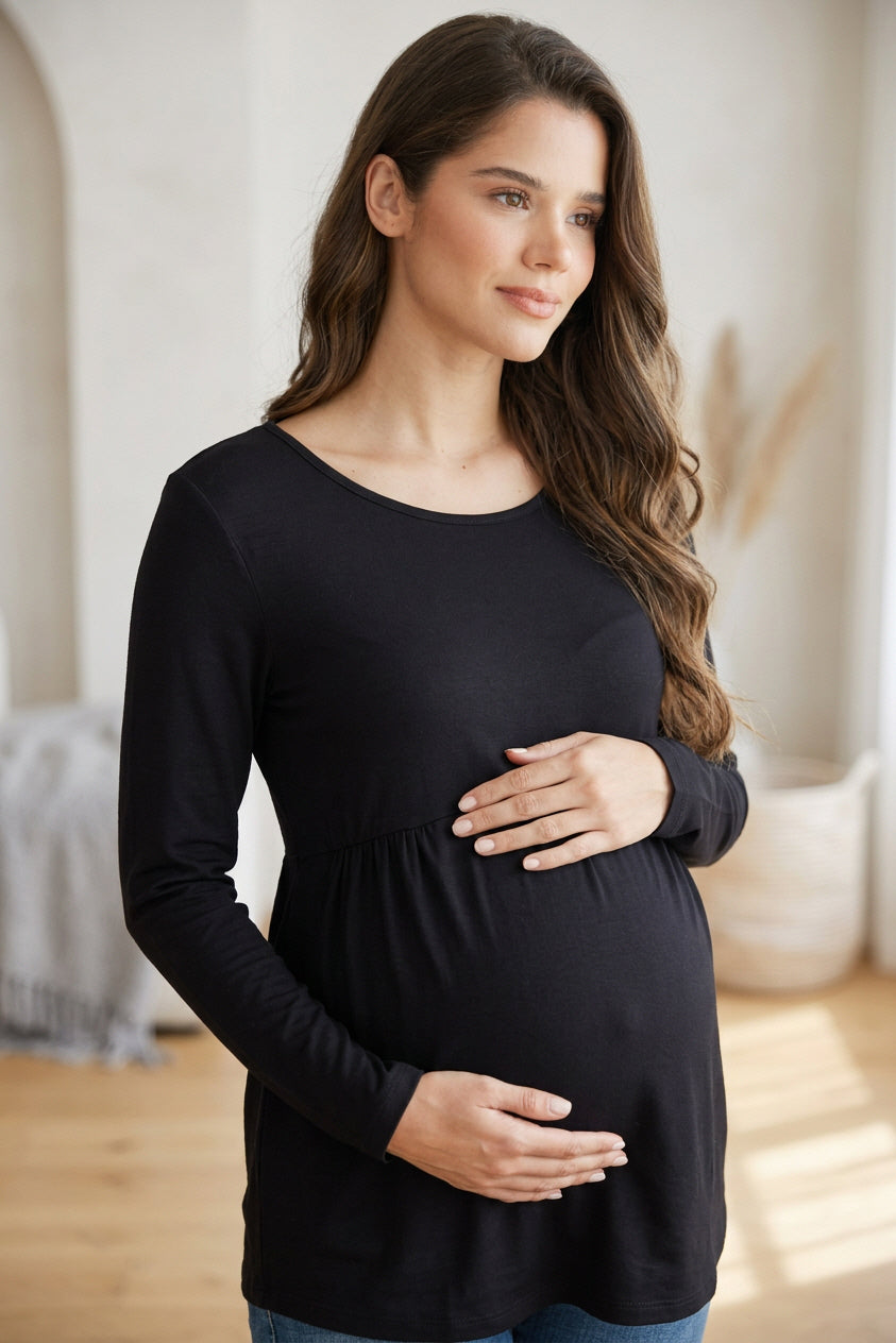 Black Scoop Neck Long Sleeve Ruched Maternity Top Front View